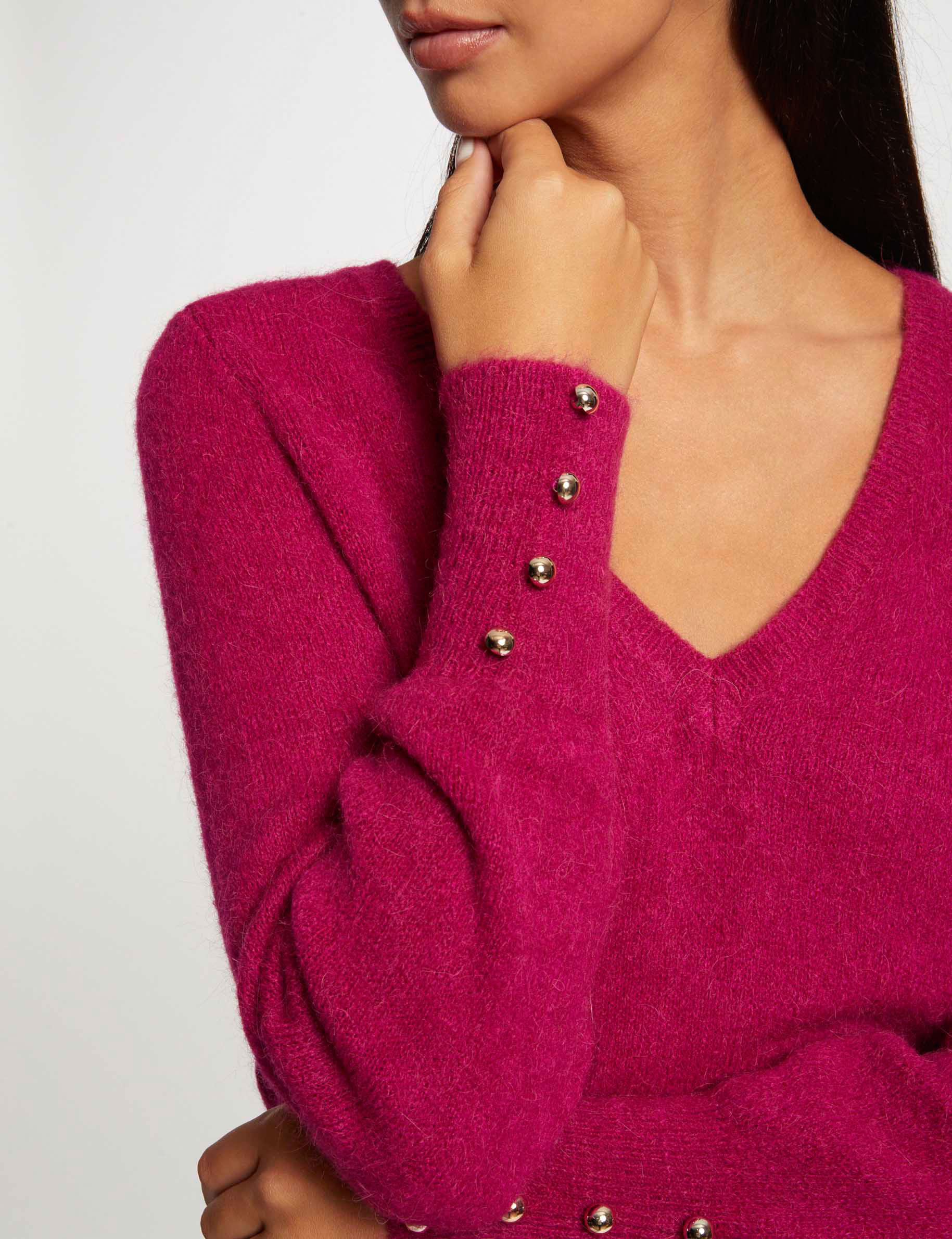 pull manches longues col en v framboise femme Pull manches longues col en V framboise femme