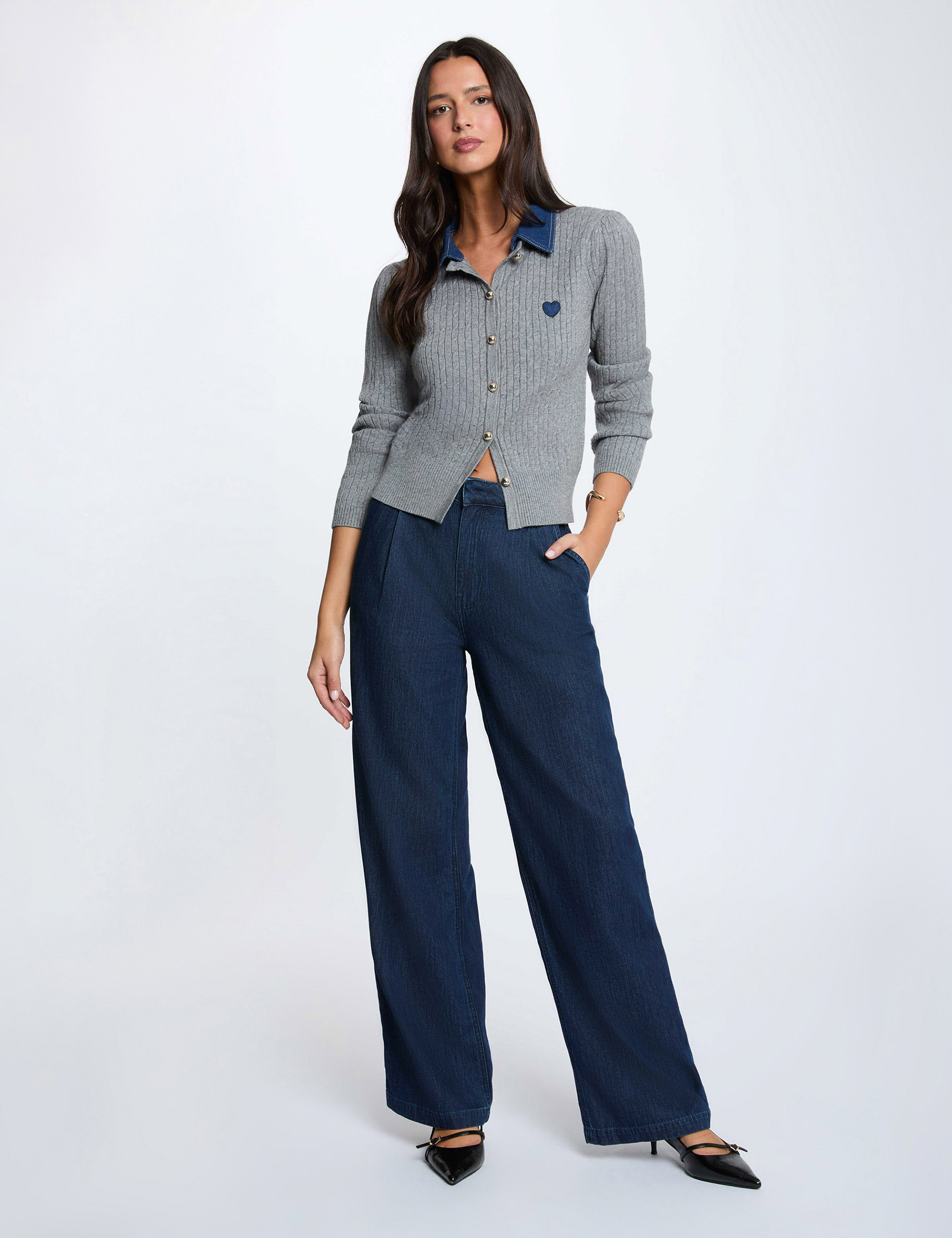 Pull col revers boutons gris clair femme
