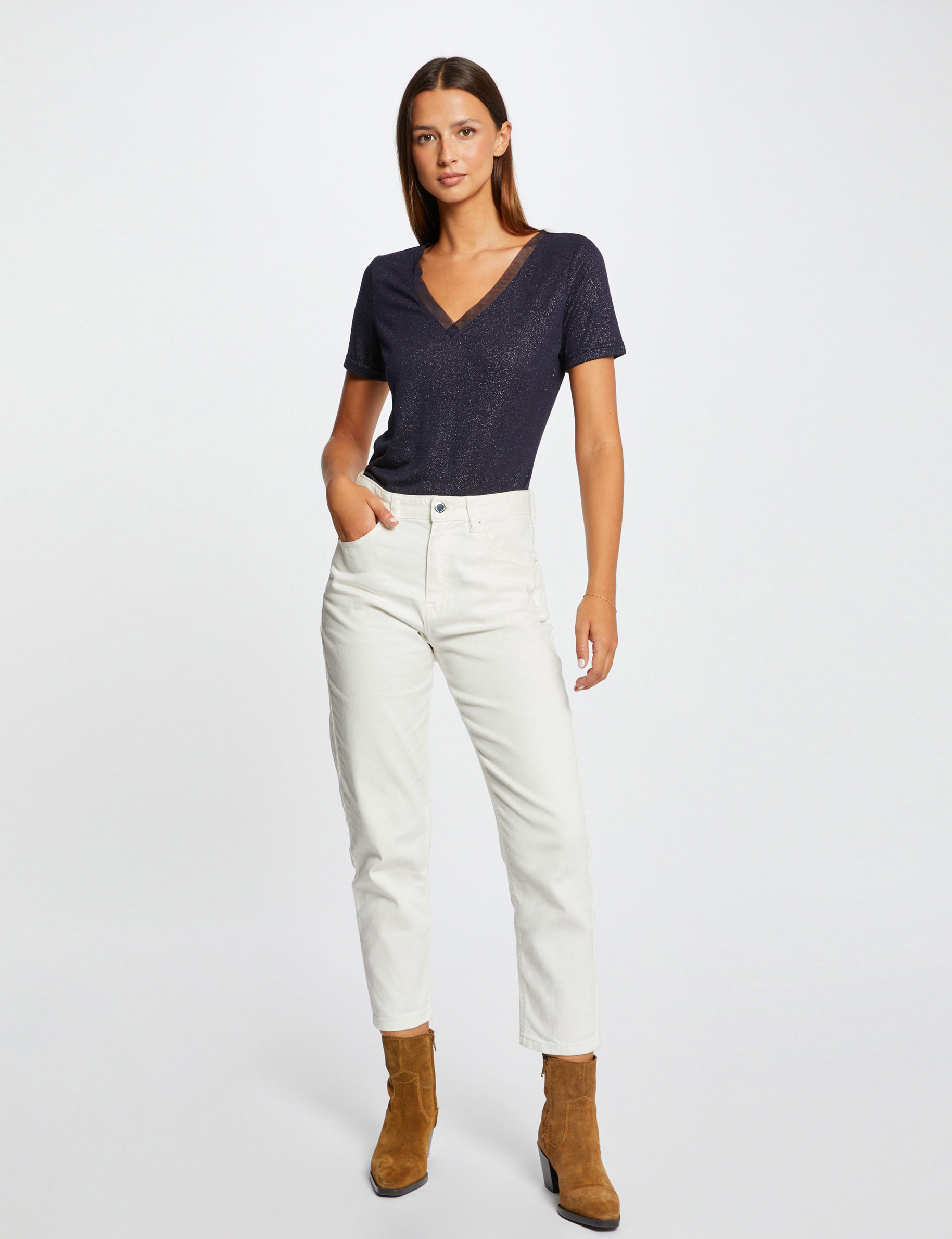 t shirt manches courtes a paillettes marine femme T-shirt manches courtes à paillettes marine femme