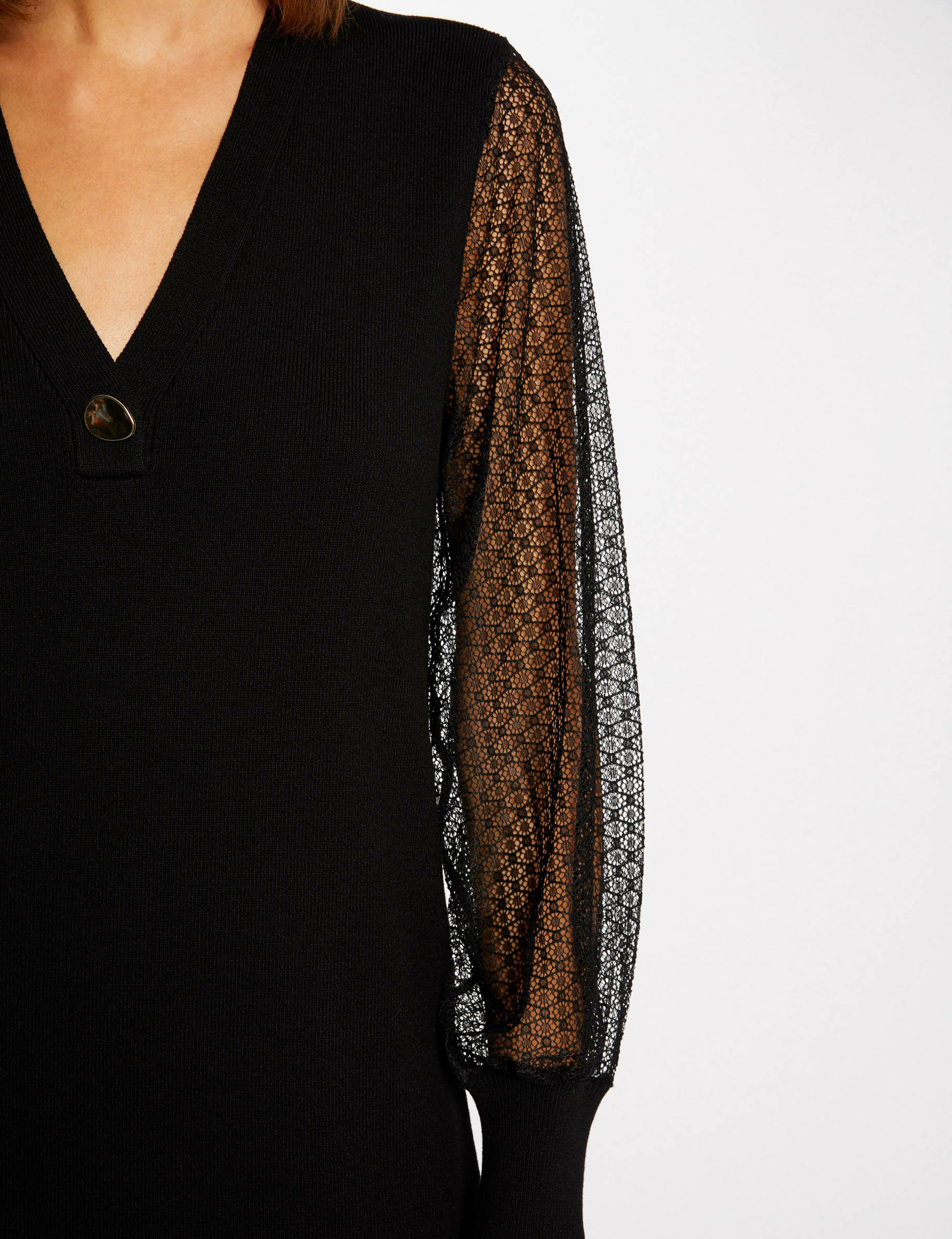 Robe pull droite à manches en dentelle noir femme Robe pull droite à manches en dentelle noir femme