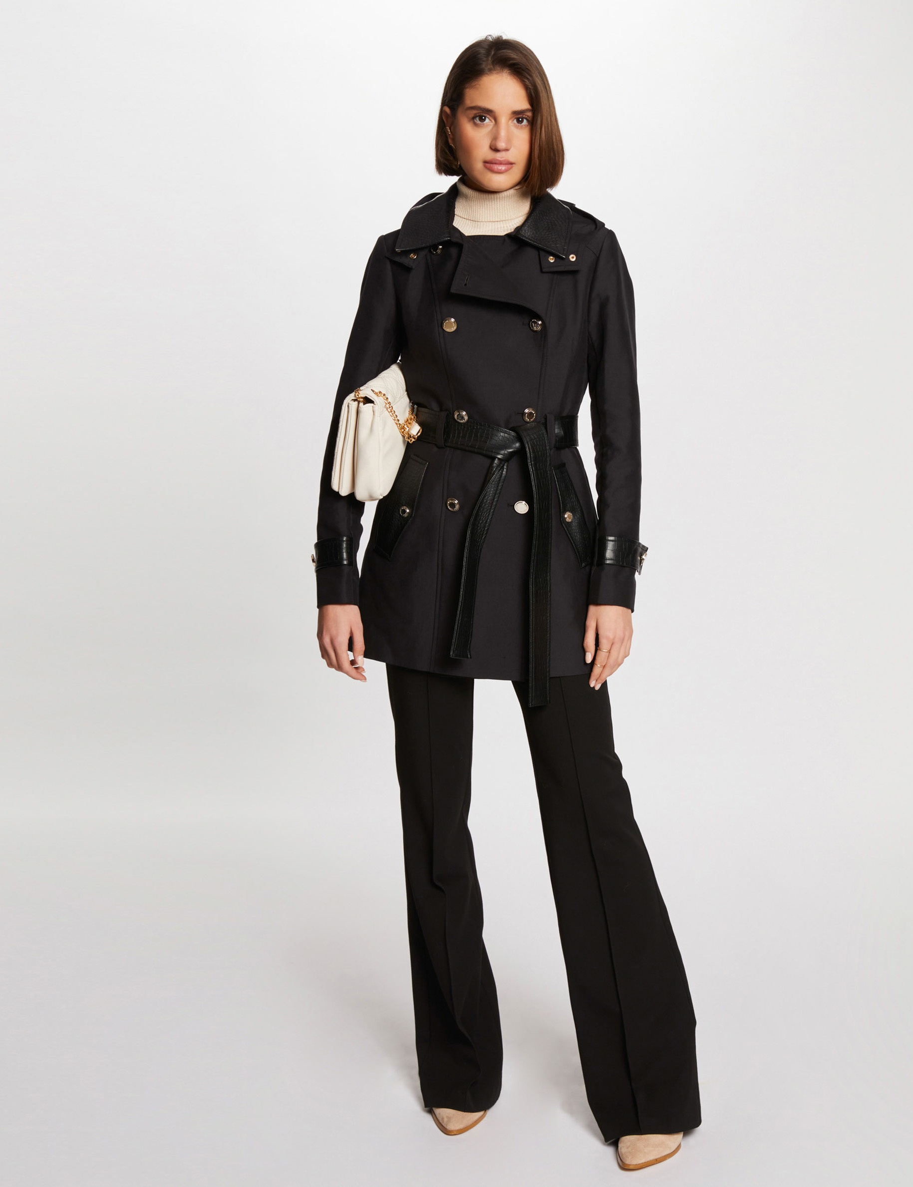 Trench d&eacute;tails simili cuir noir femme