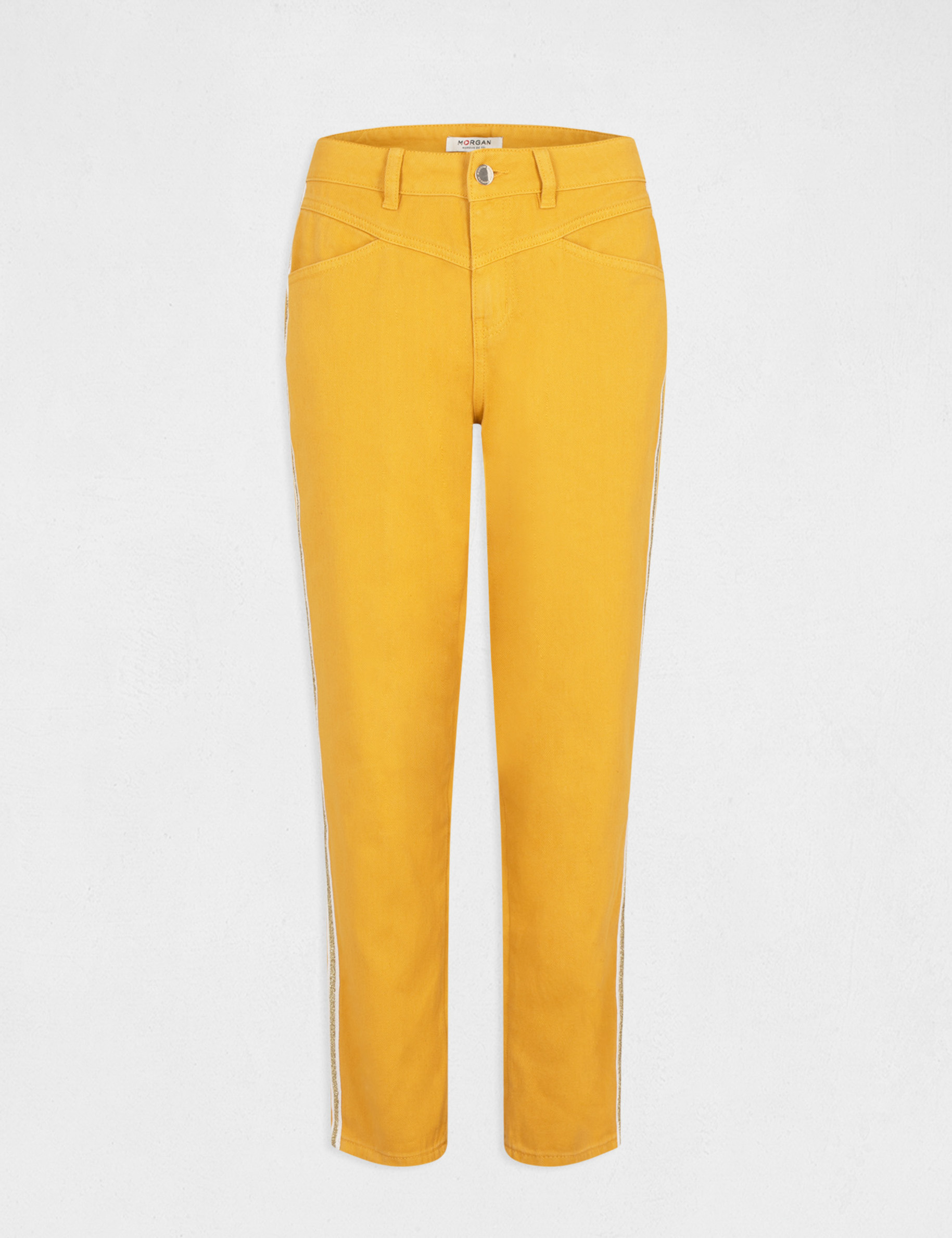 Pantalon droit à bandes métallisées jaune femme Pantalon droit à bandes métallisées jaune femme