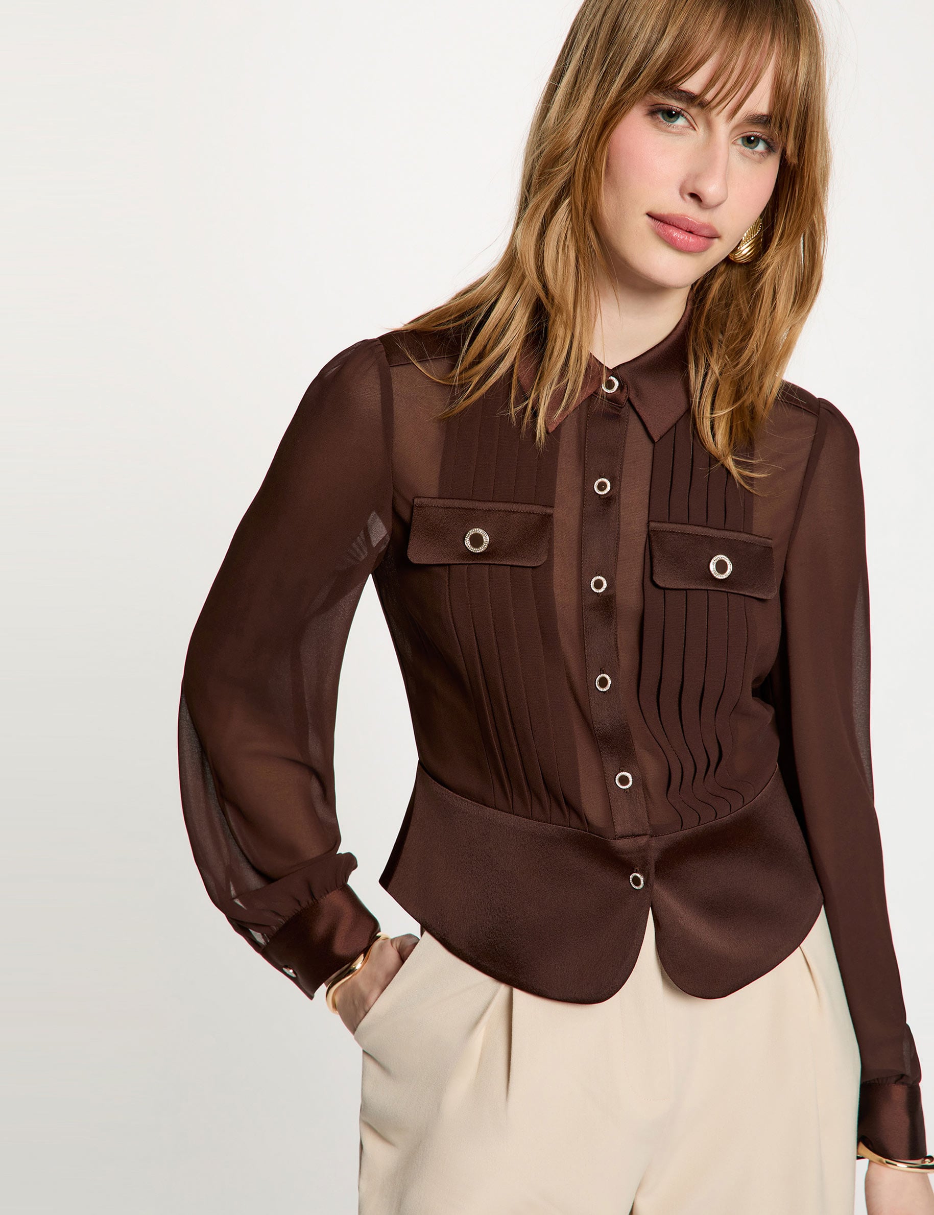 Chemise manches longues avec plis marron fonc&eacute; femme