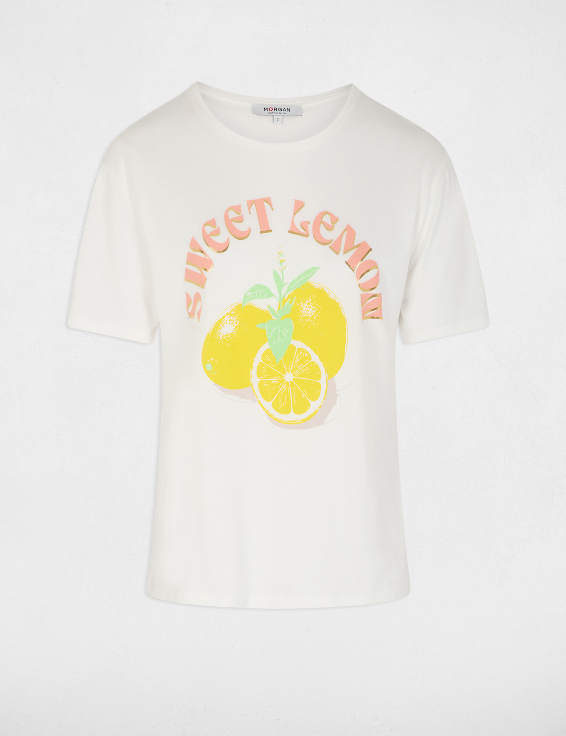 T-shirt imprim&eacute; col rond blanc femme