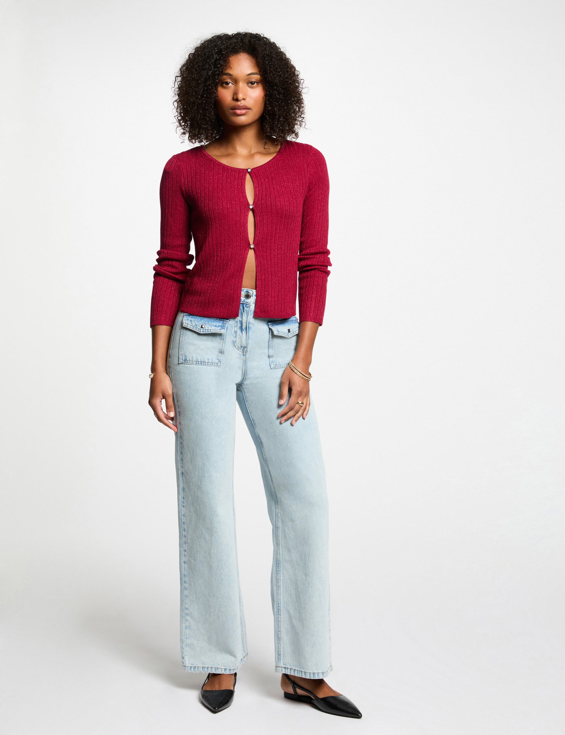 Gilet manches longues rouge fonc&eacute; femme