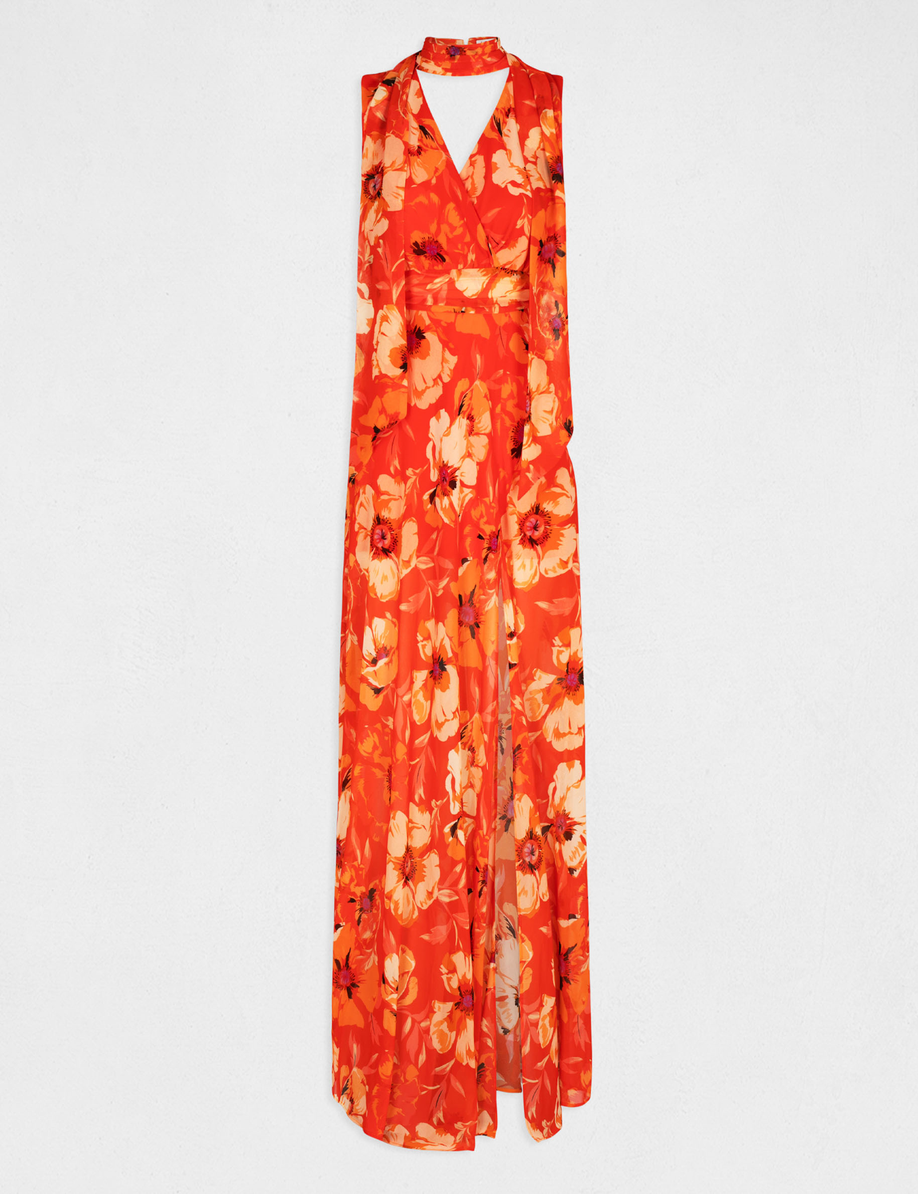 Robe longue droite fendue imprimé floral orange femme
