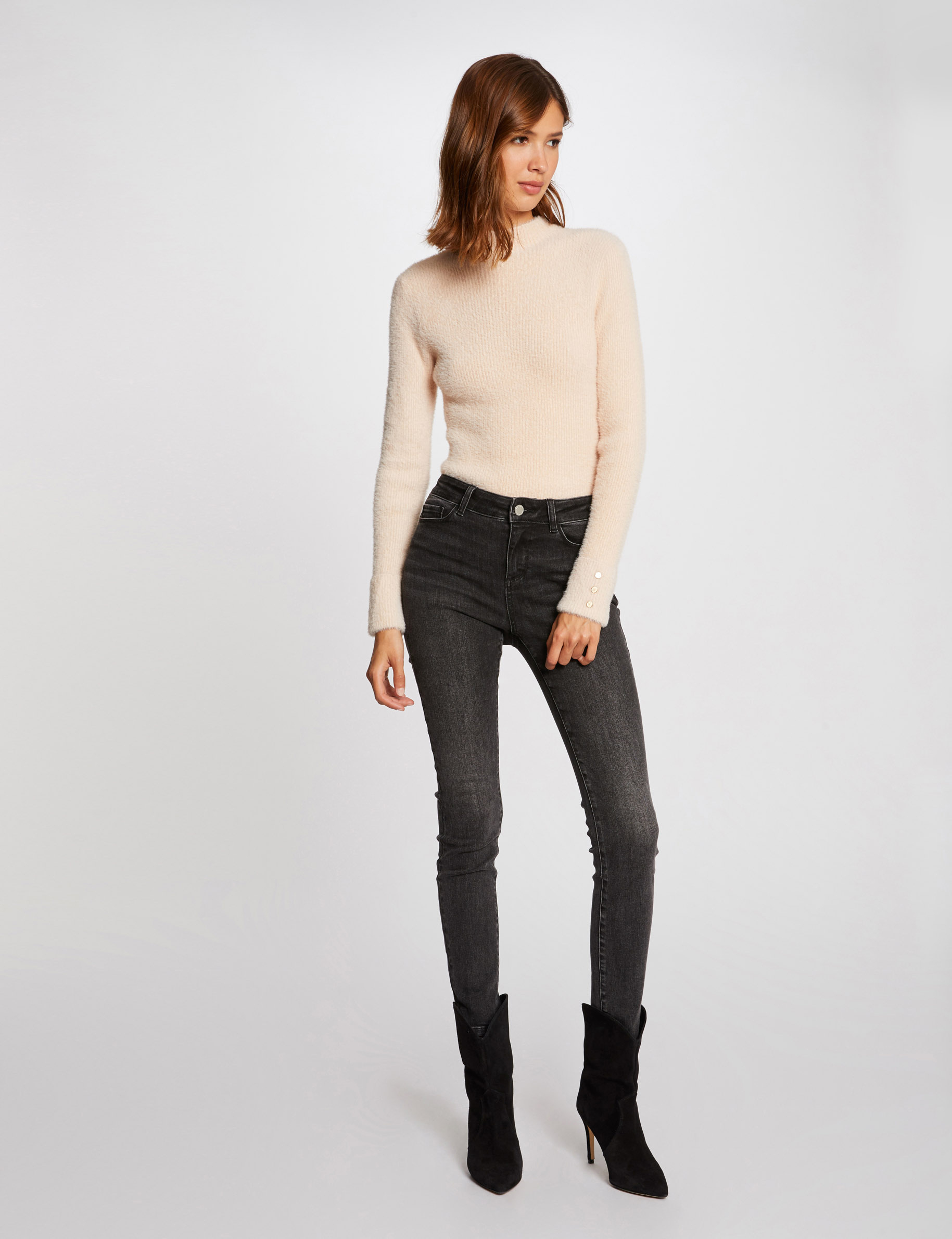 pull manches longues maille duveteuse beige femme Pull manches longues maille duveteuse beige femme
