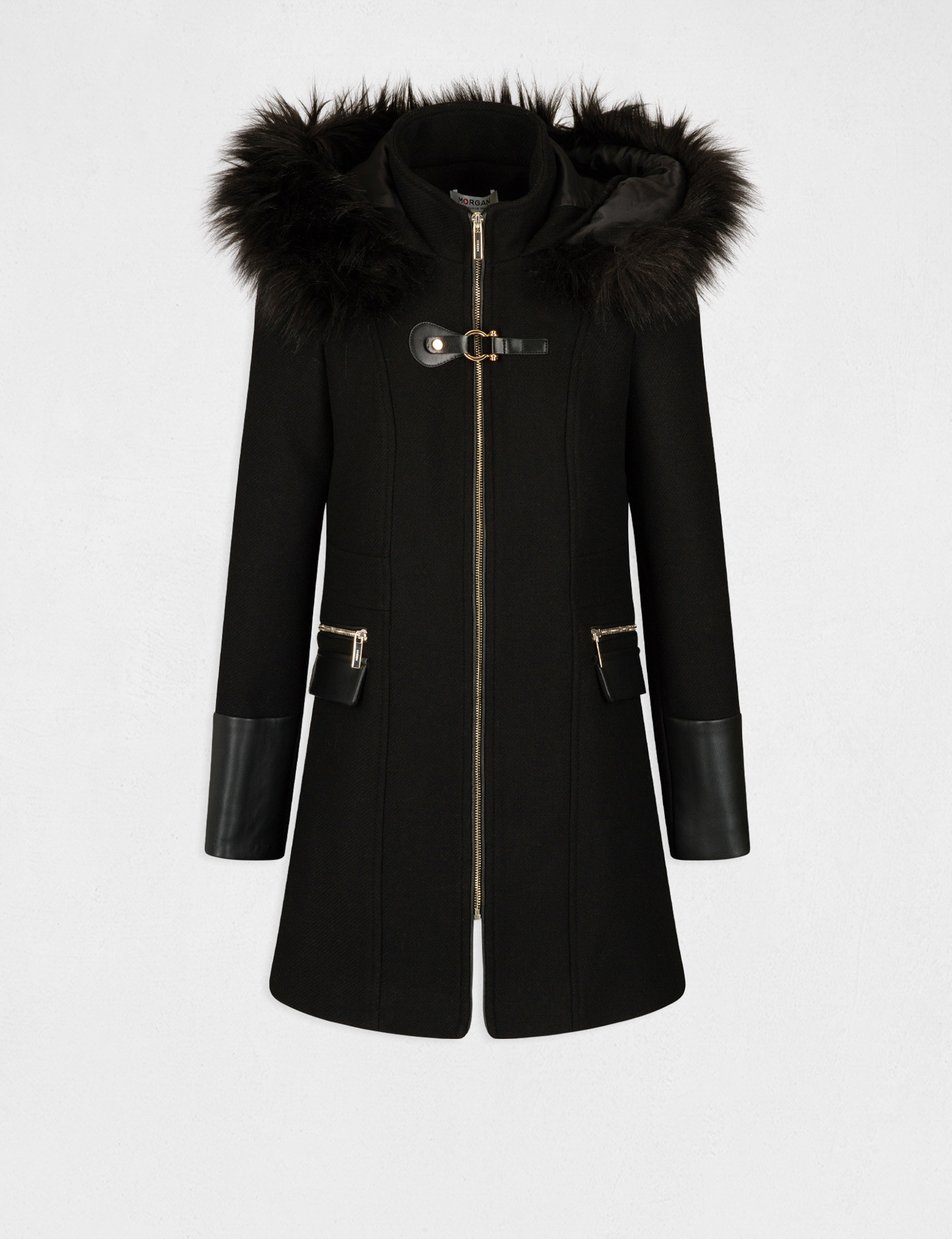 Manteau droit zippé à capuche noir femme Manteau droit zippé à capuche noir femme