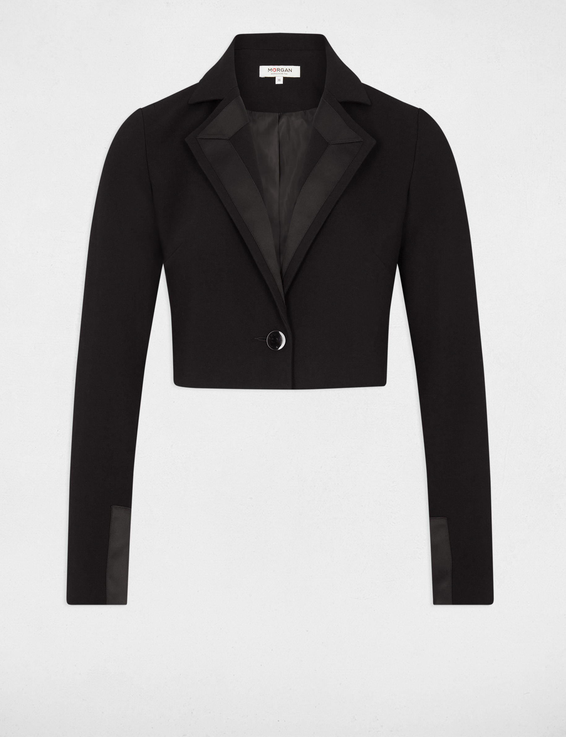 Veste courte smocking col satin noir femme
