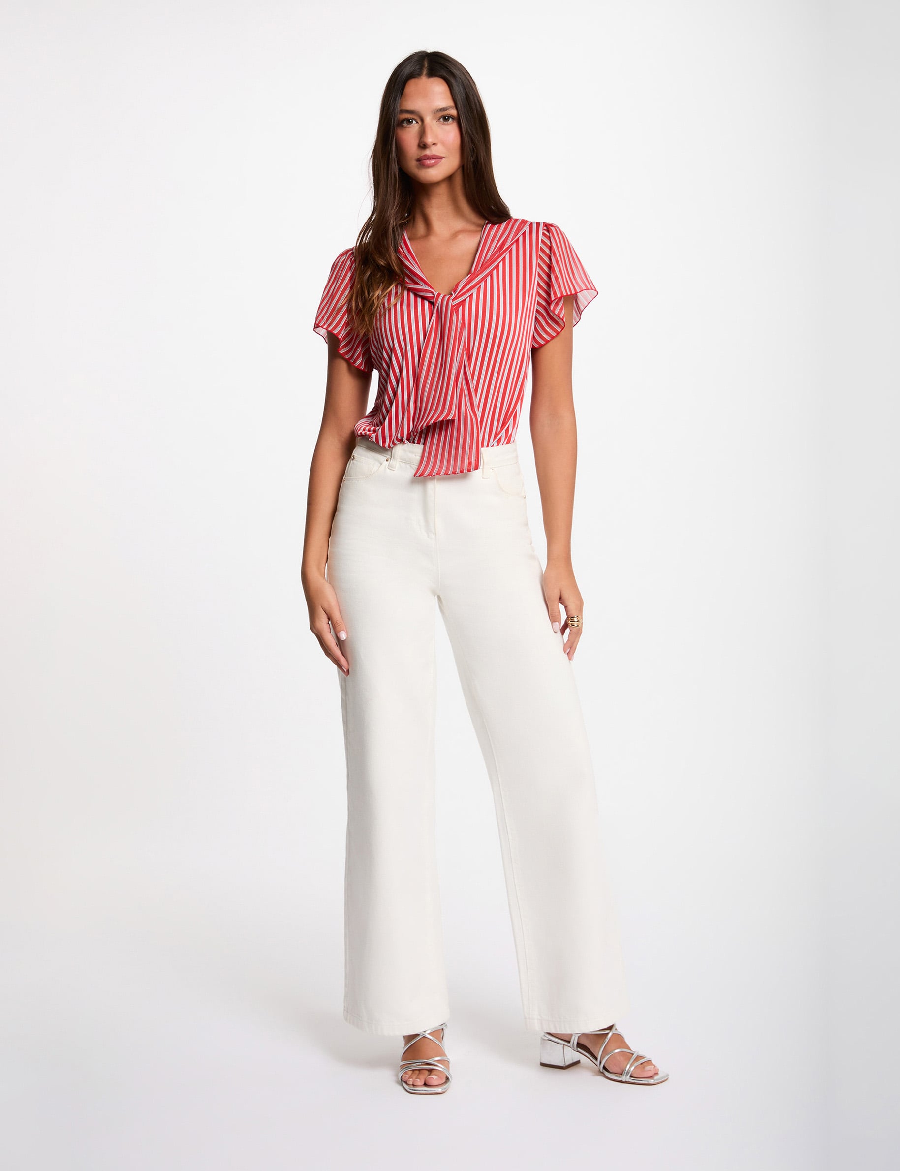 T-shirt col lavalli&egrave;re rouge femme