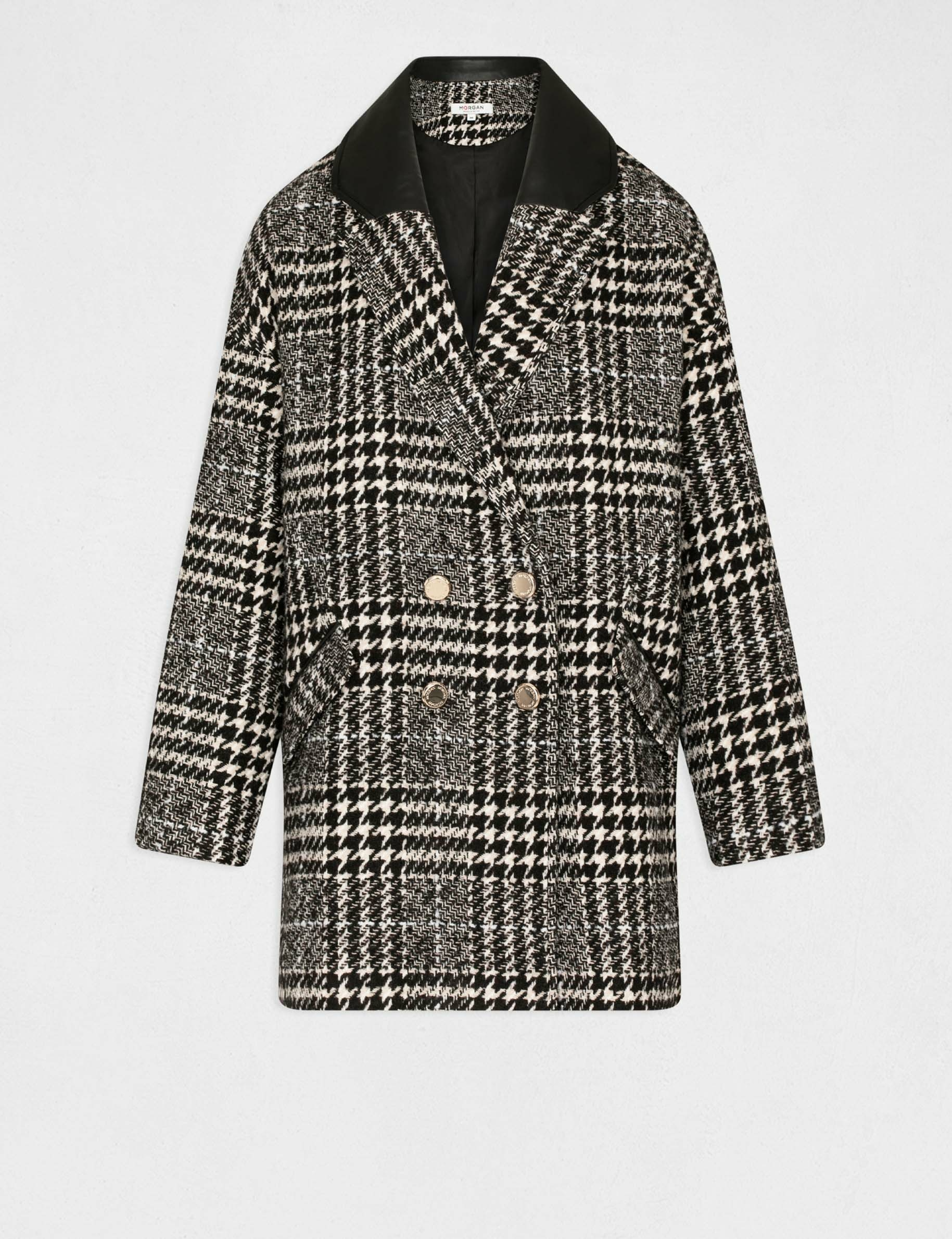 Manteau droit imprimé pied de poule ecru femme