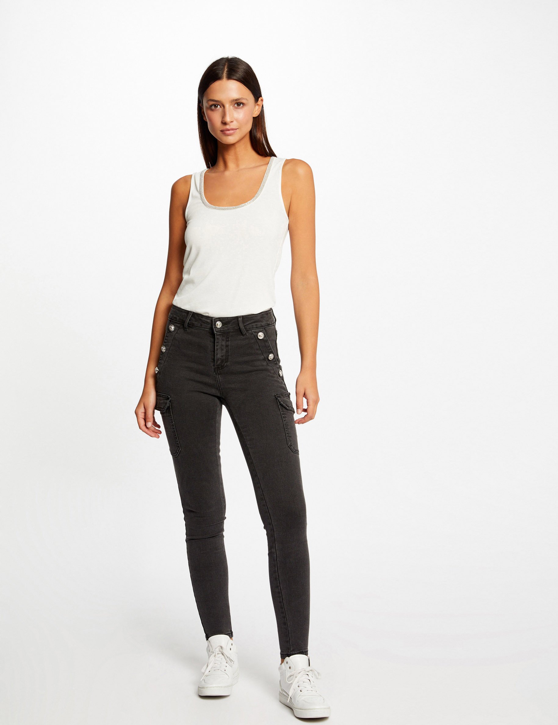 Jeans cargo skinny à ponts gris moyen femme