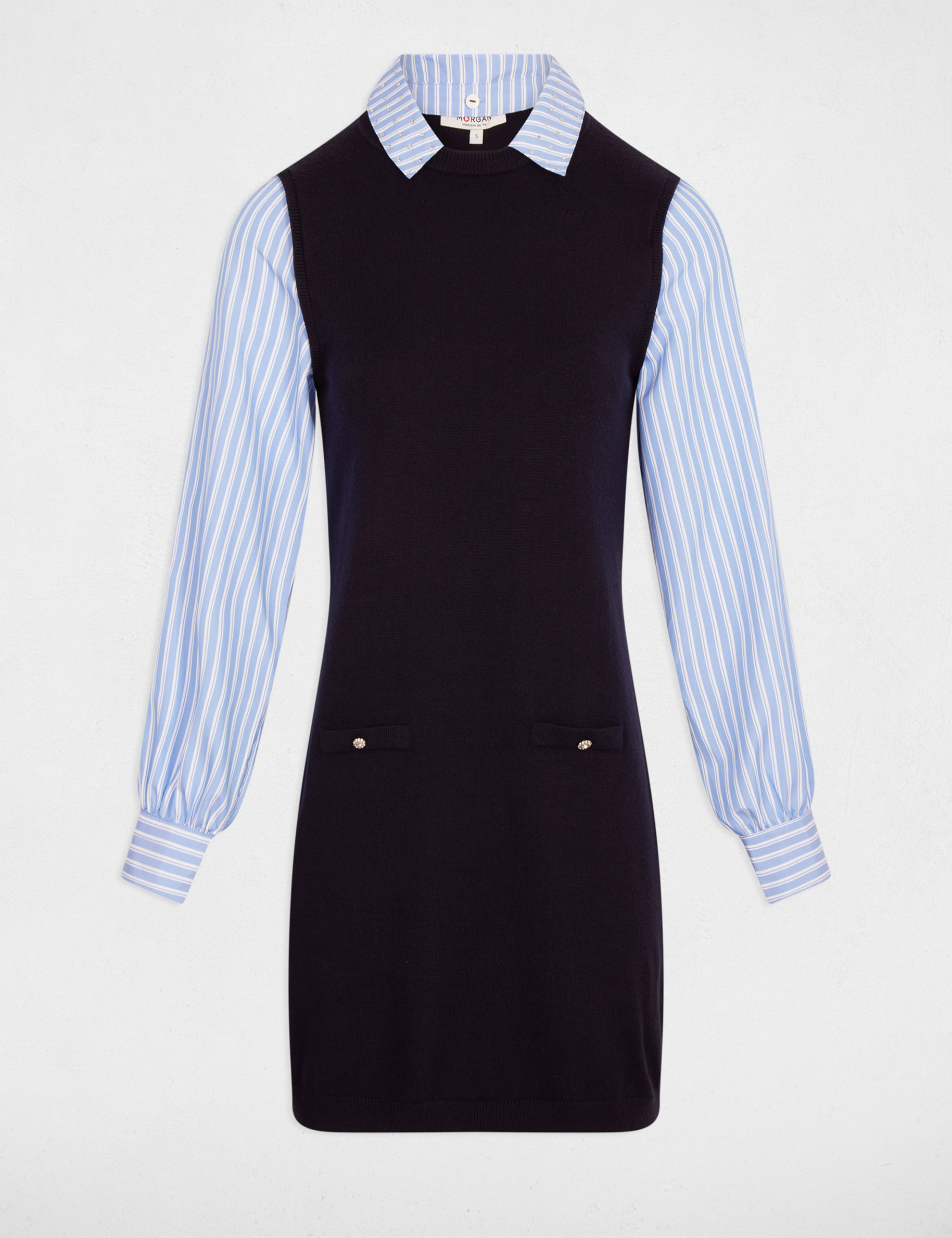 Robe tricot courte cintr&eacute;e bleu marine femme