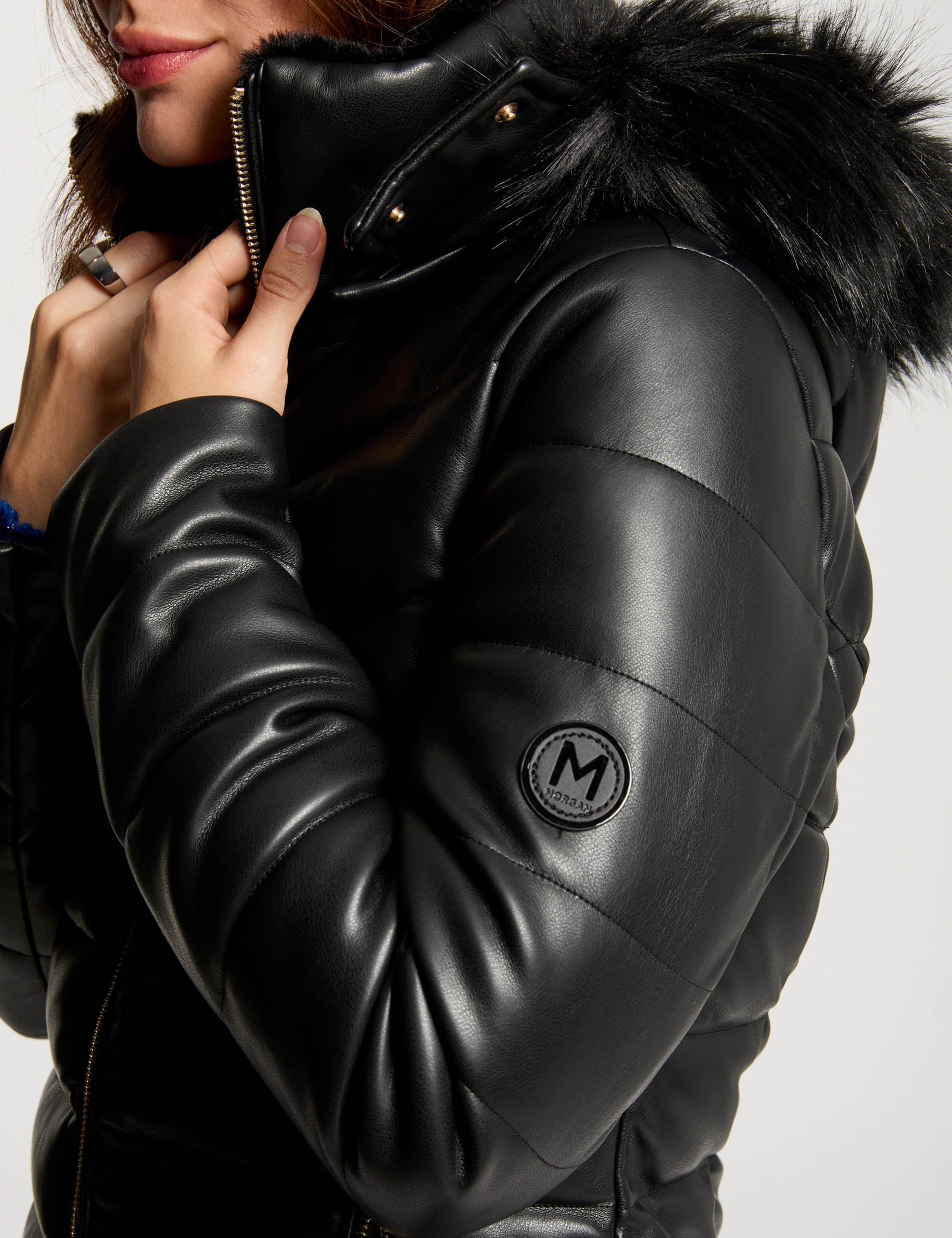 Doudoune similicuir cintr&eacute;e noir femme
