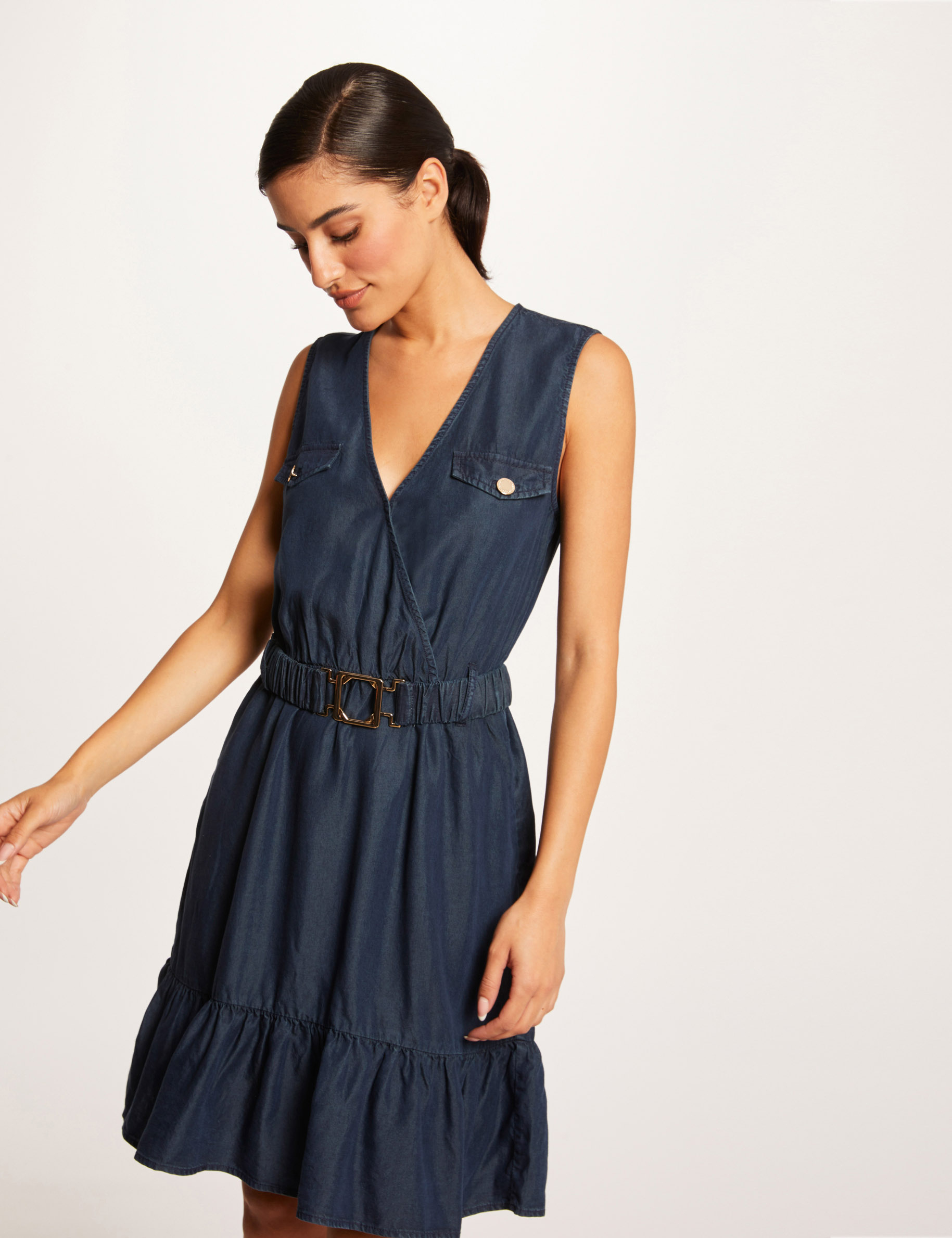 Robe droite sans manches ceinturée jean brut femme Robe droite sans manches ceinturée jean brut femme