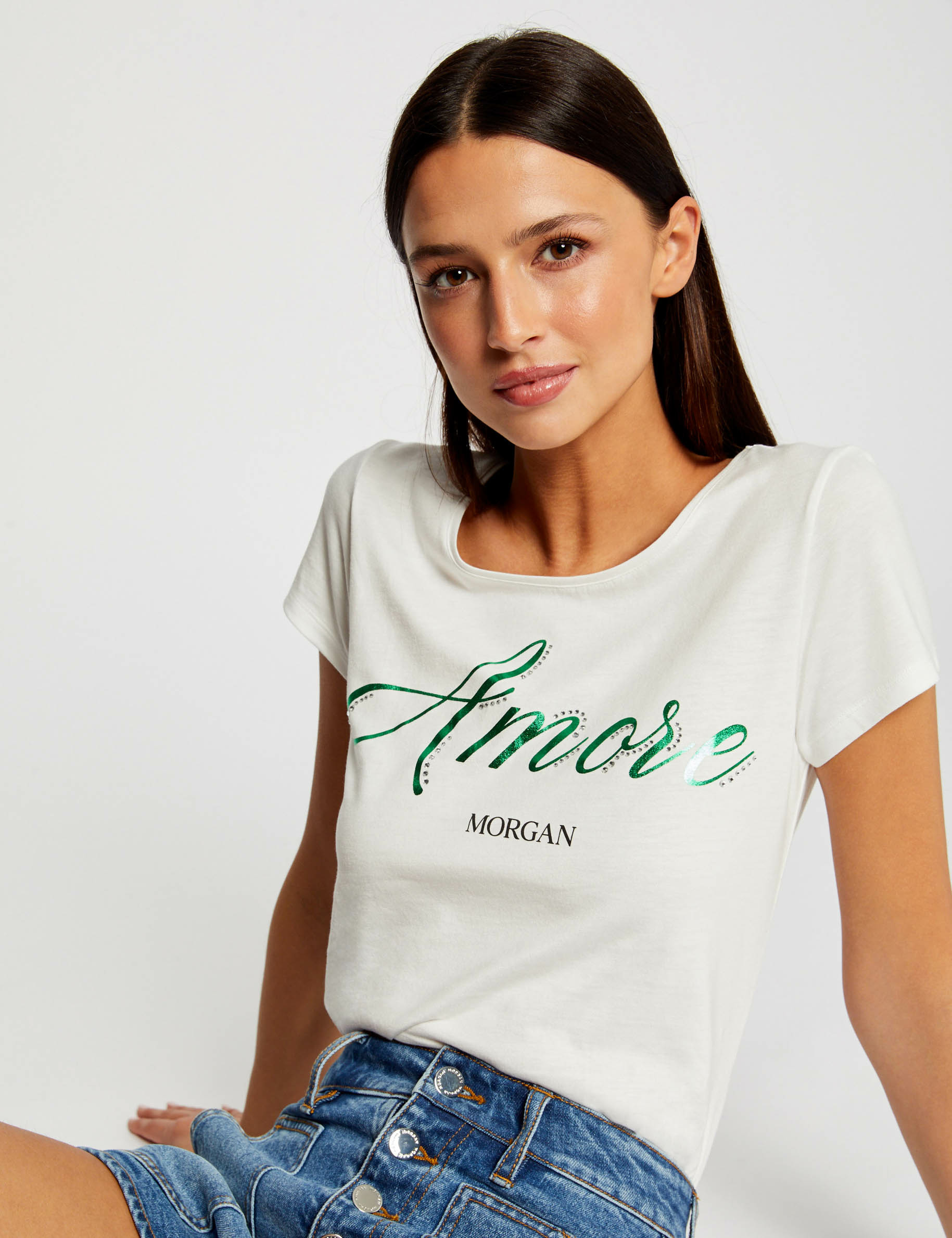T-shirt manches courtes à inscription ecru femme T-shirt manches courtes à inscription ecru femme