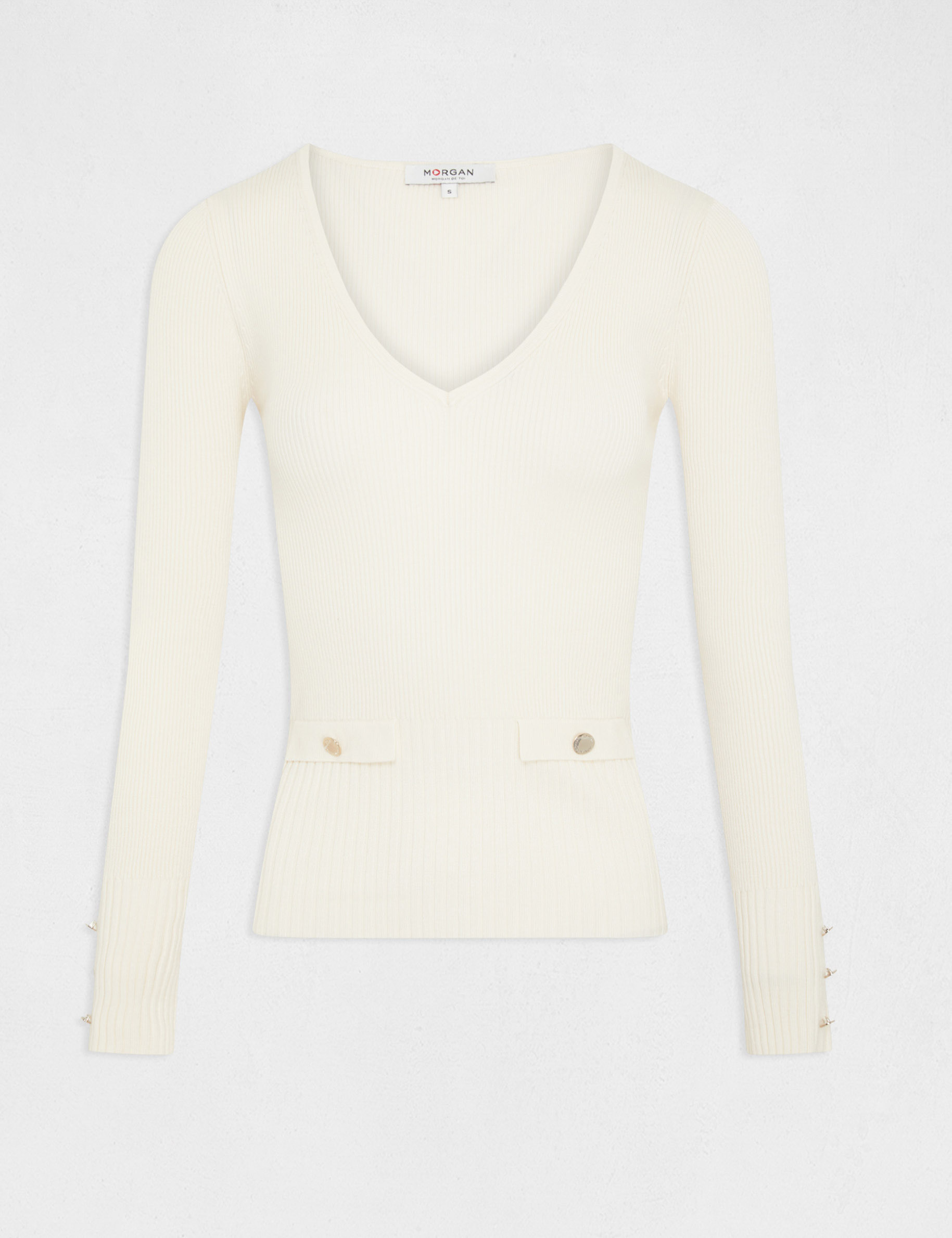 pull manches longues cotele a col en v ivoire femme Pull manches longues côtelé à col en V ivoire femme