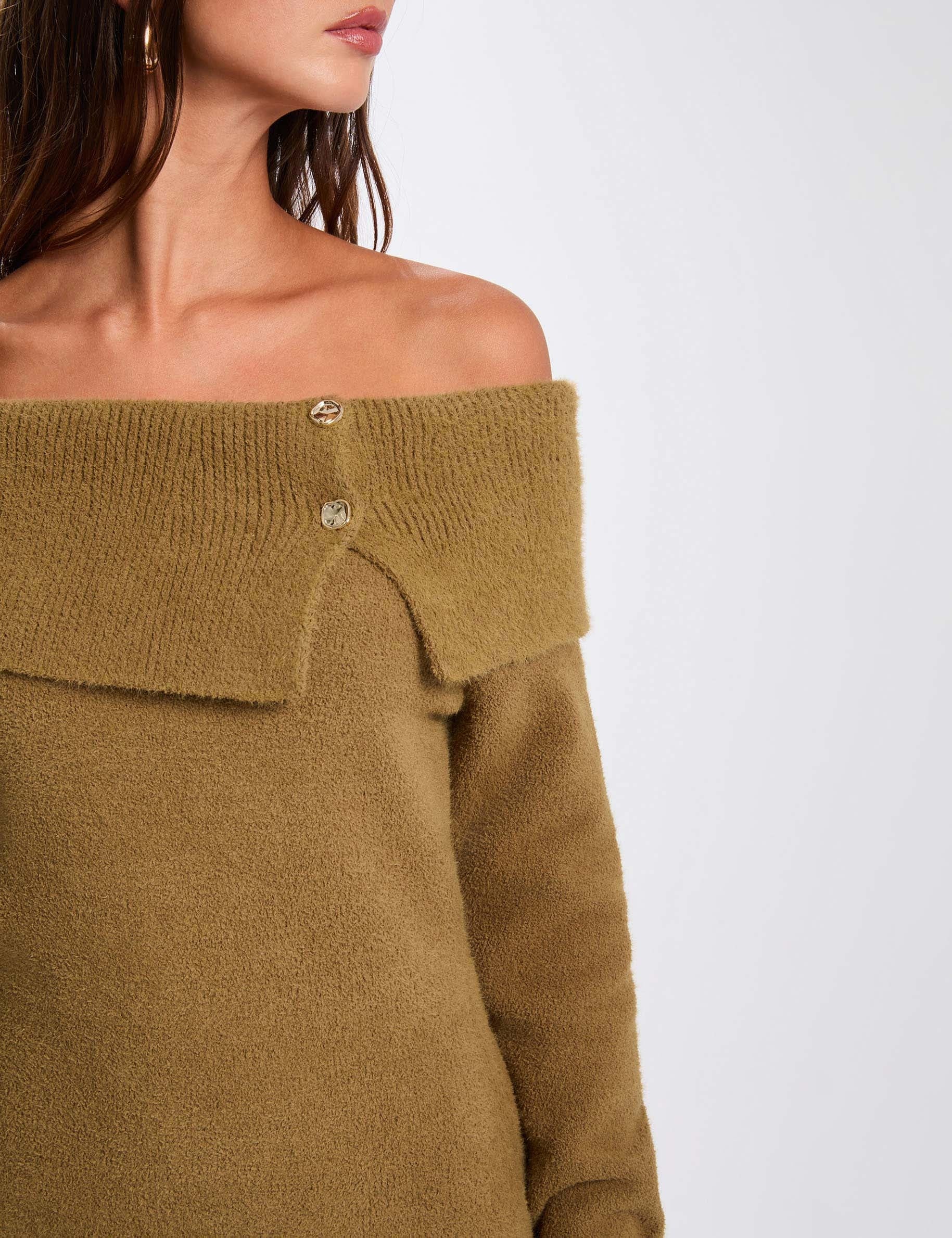 Robe tricot col bardot camel femme