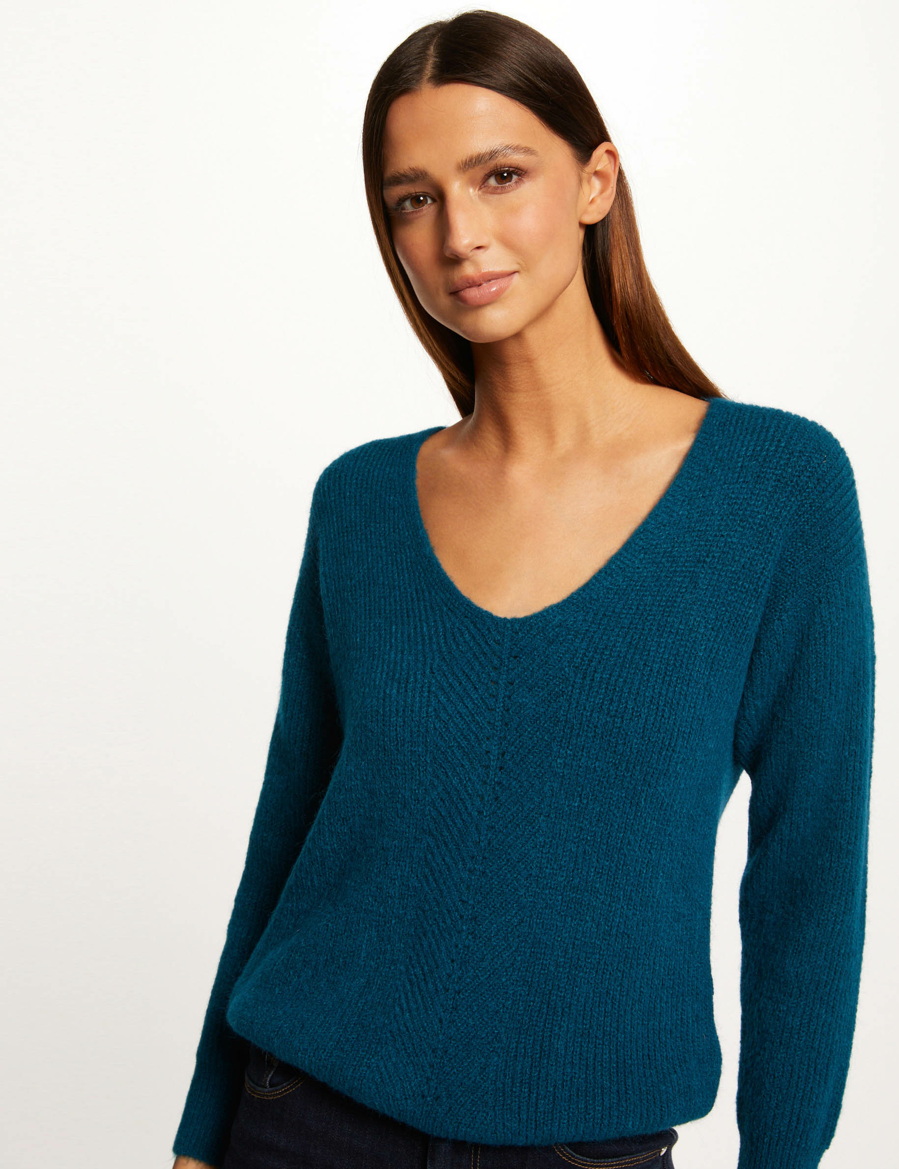 Pull manches longues avec col en V bleu moyen femme Pull manches longues avec col en V bleu moyen femme