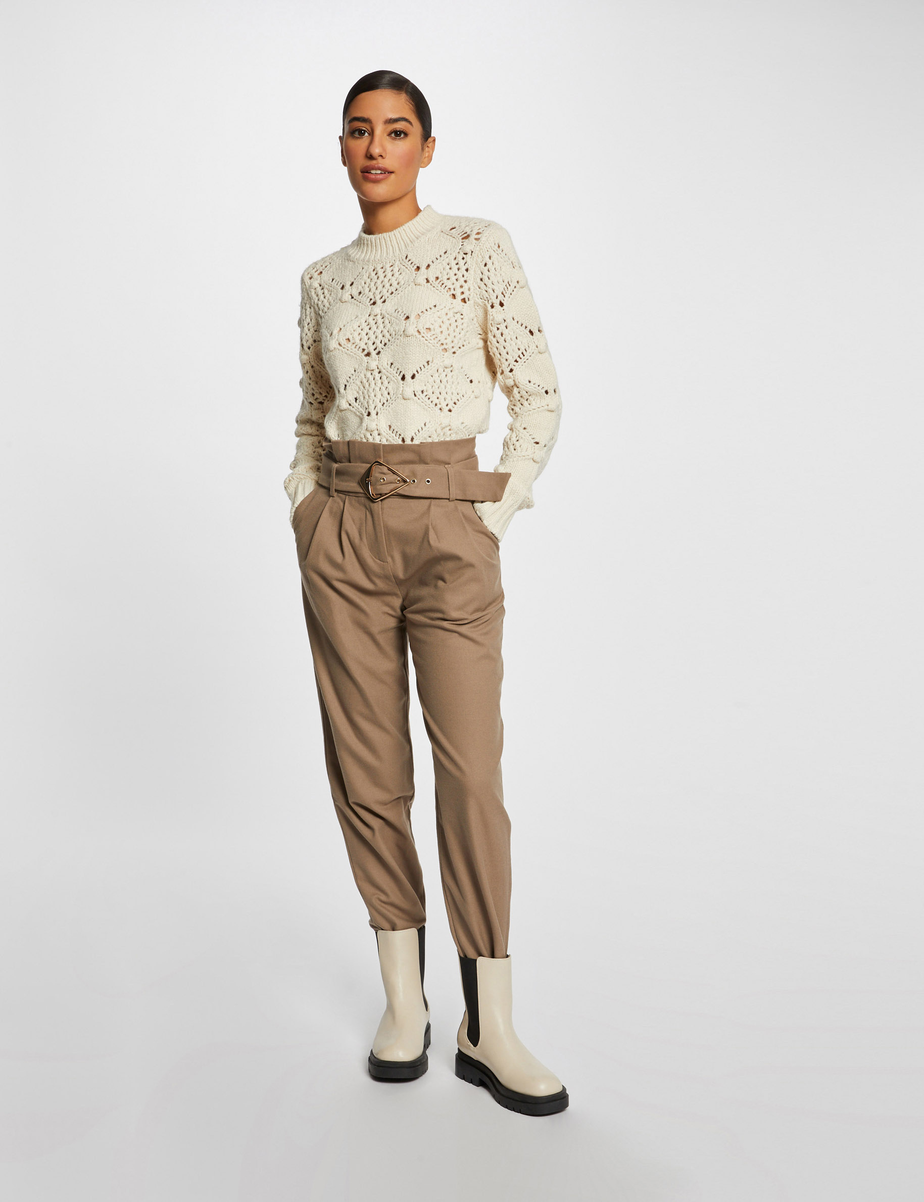 Pull manches longues à détails ajourés ivoire femme Pull manches longues à détails ajourés ivoire femme