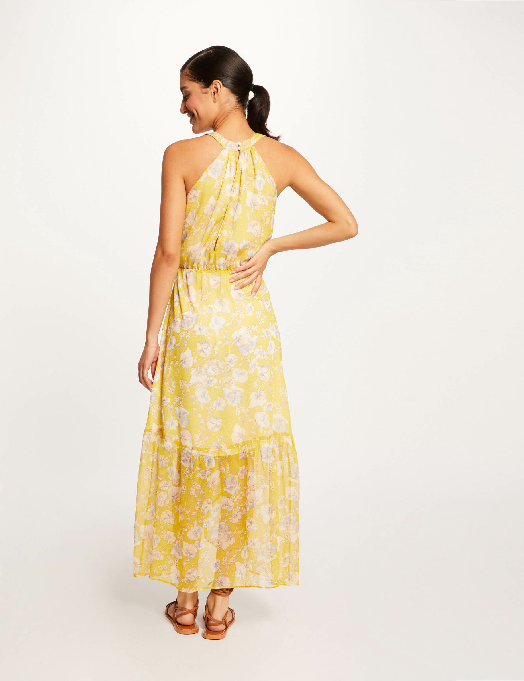 Robe longue portefeuille imprimé floral jaune femme Robe longue portefeuille imprimé floral jaune femme