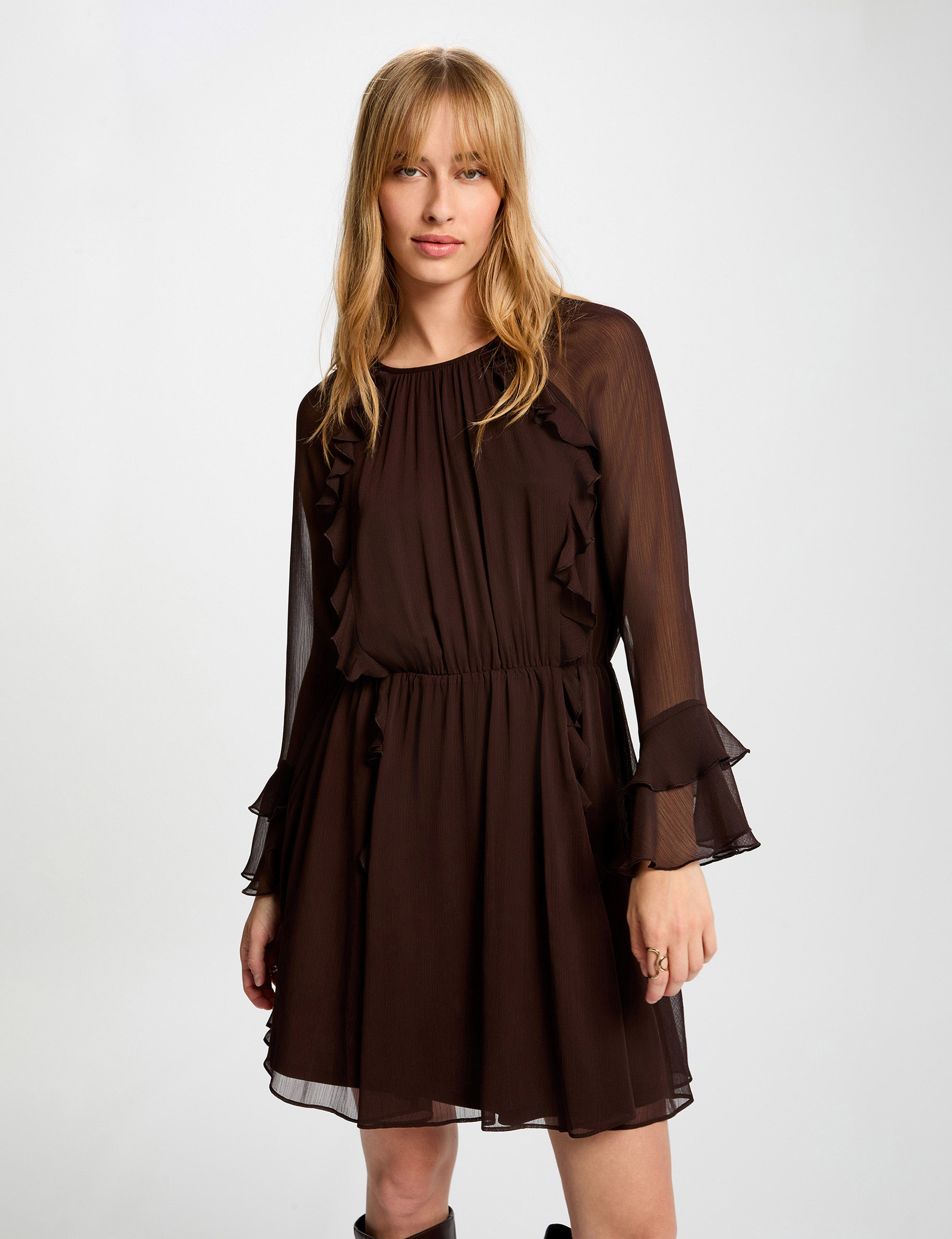 Robe courte fluide marron fonc&eacute; femme
