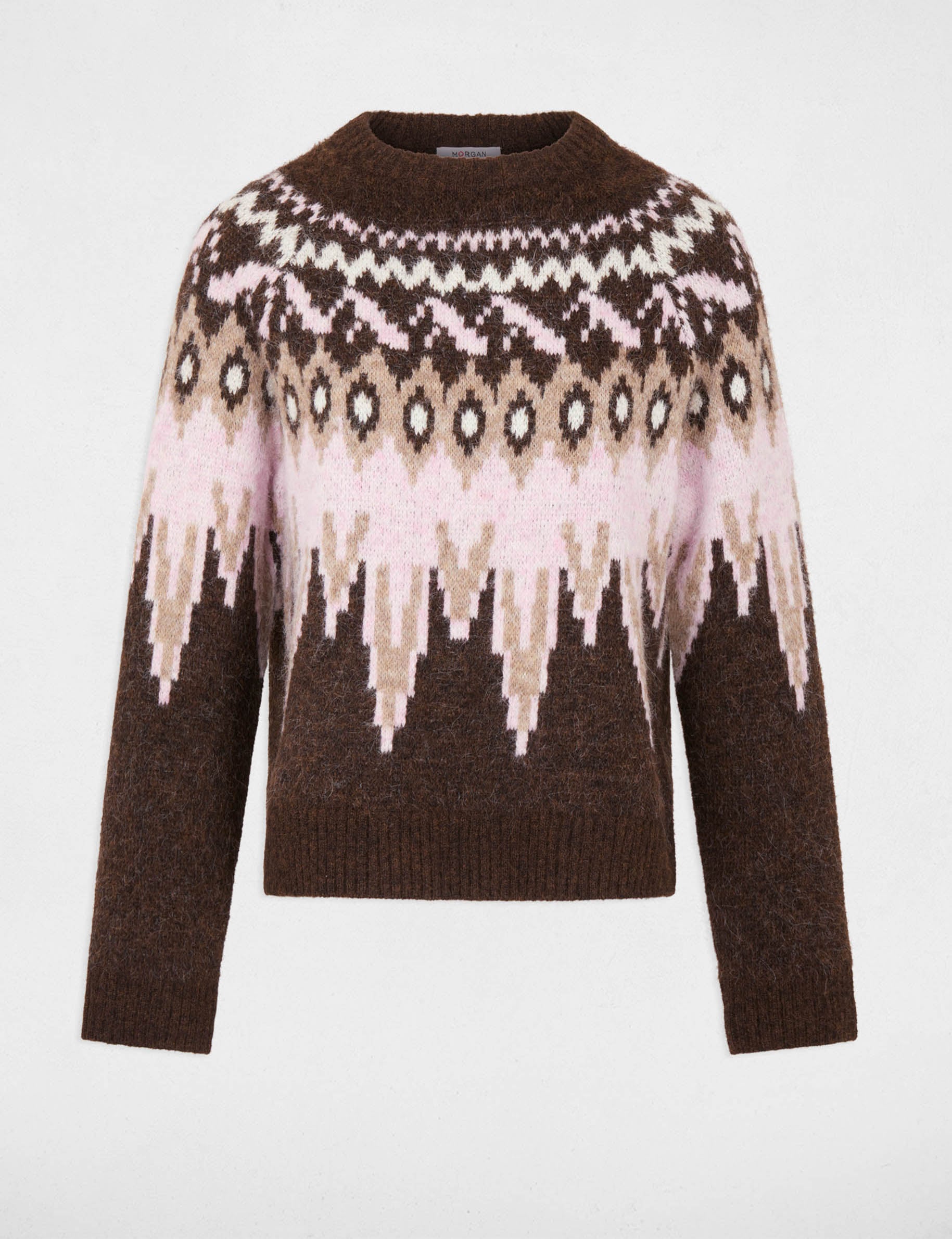 Pull chevron col rond marron fonc&eacute; femme