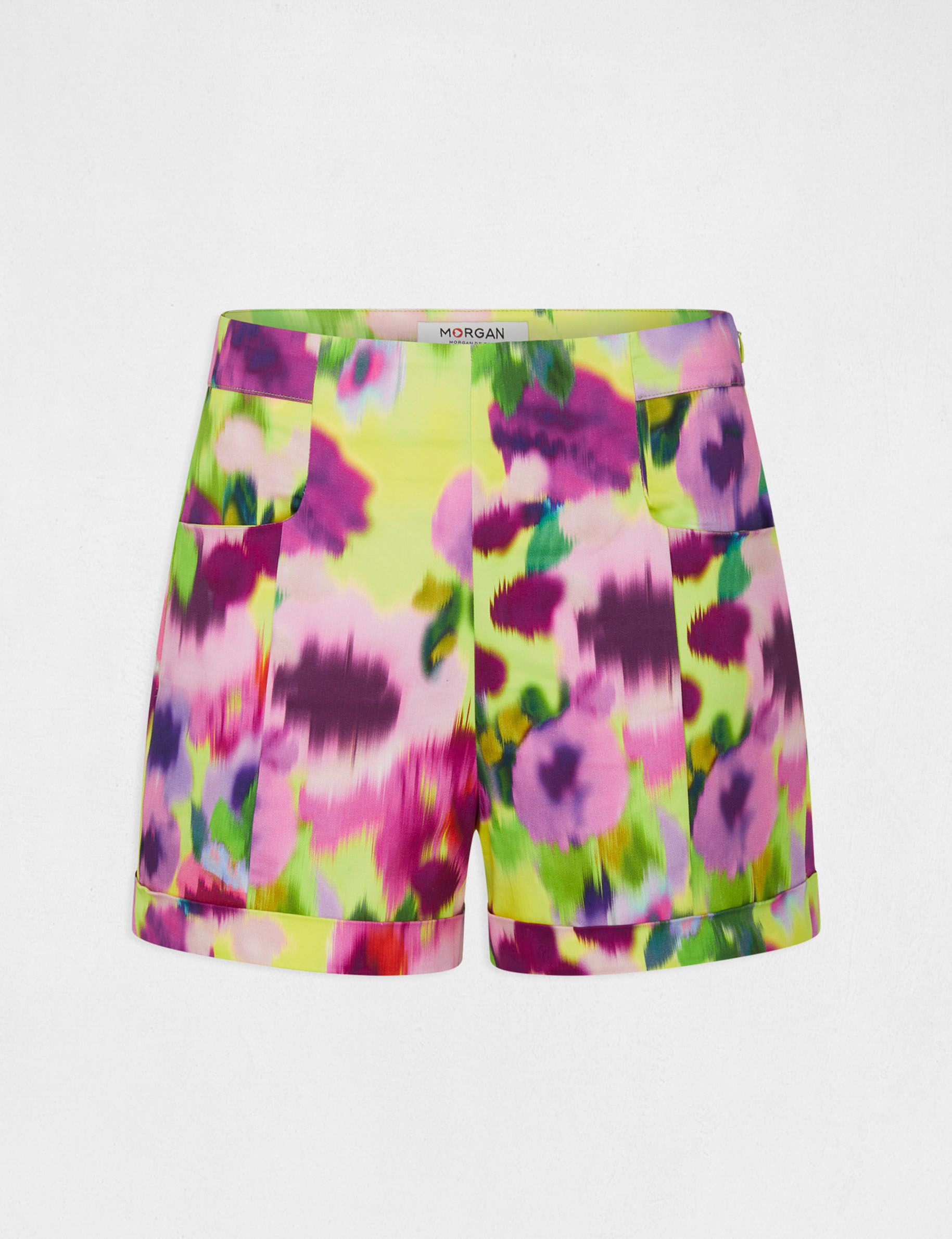Short droit satin imprimé abstrait multico femme