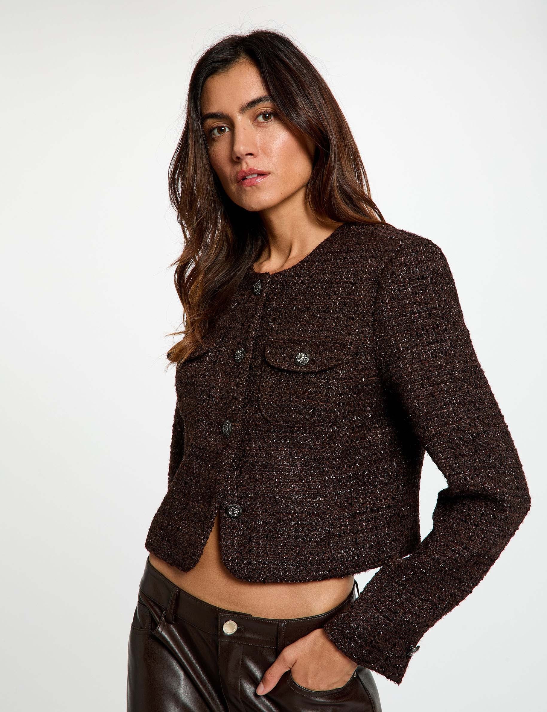 Veste ajust&eacute;e col rond marron fonc&eacute; femme