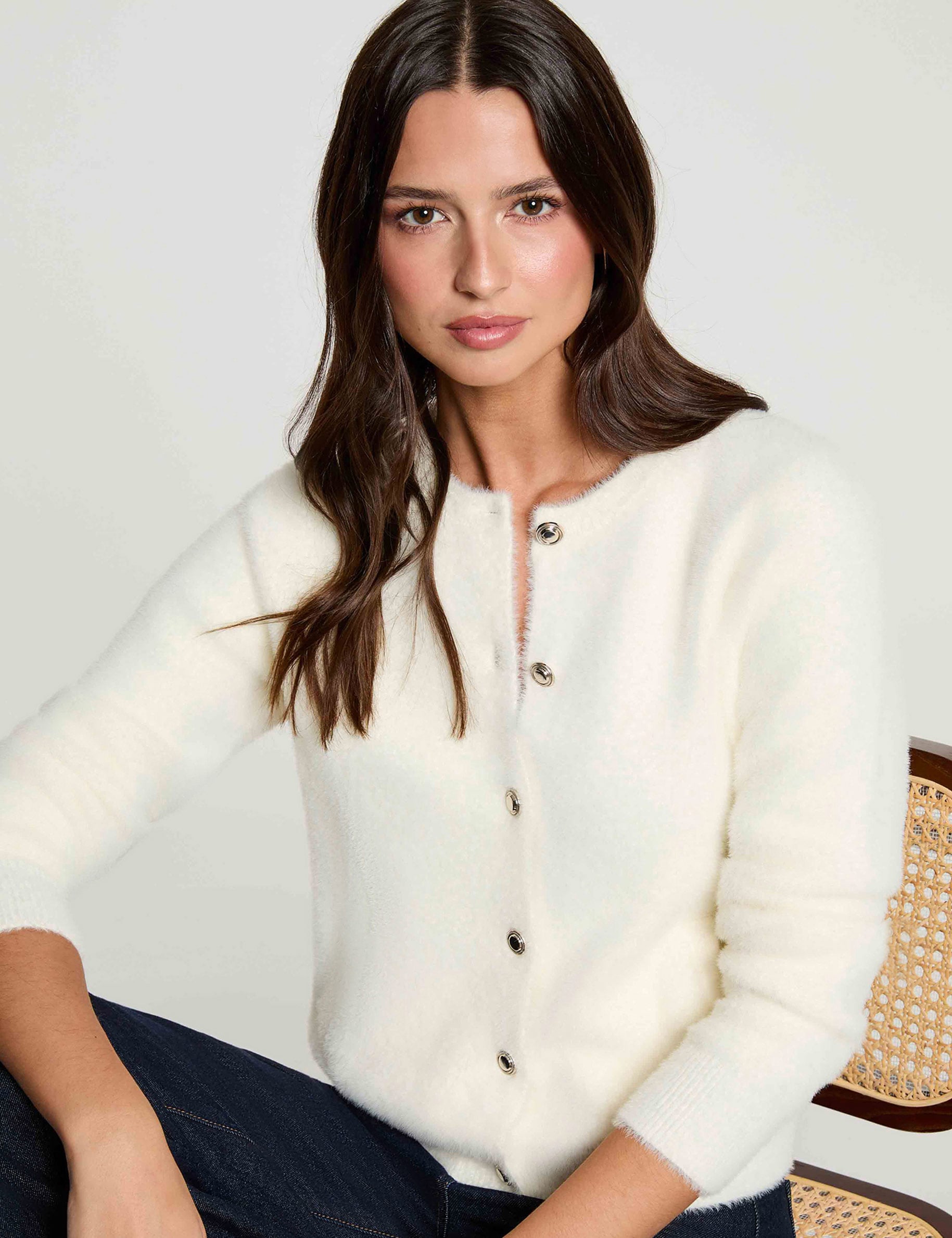 Gilet maille duveteuse ivoire femme