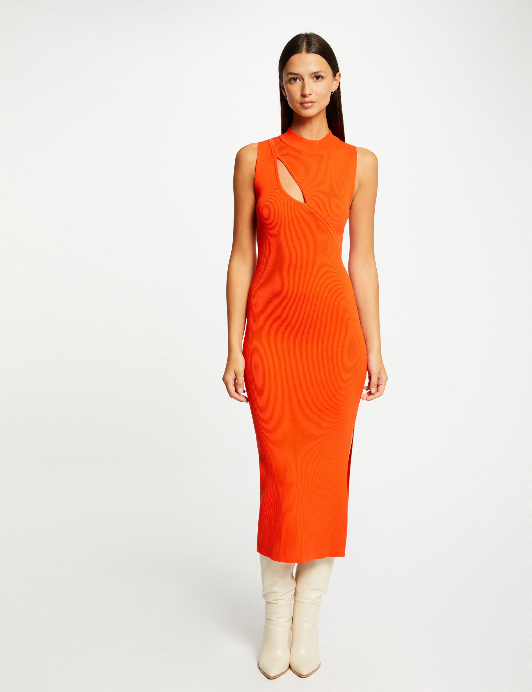 Robe pull longue ajustée avec fente orange femme