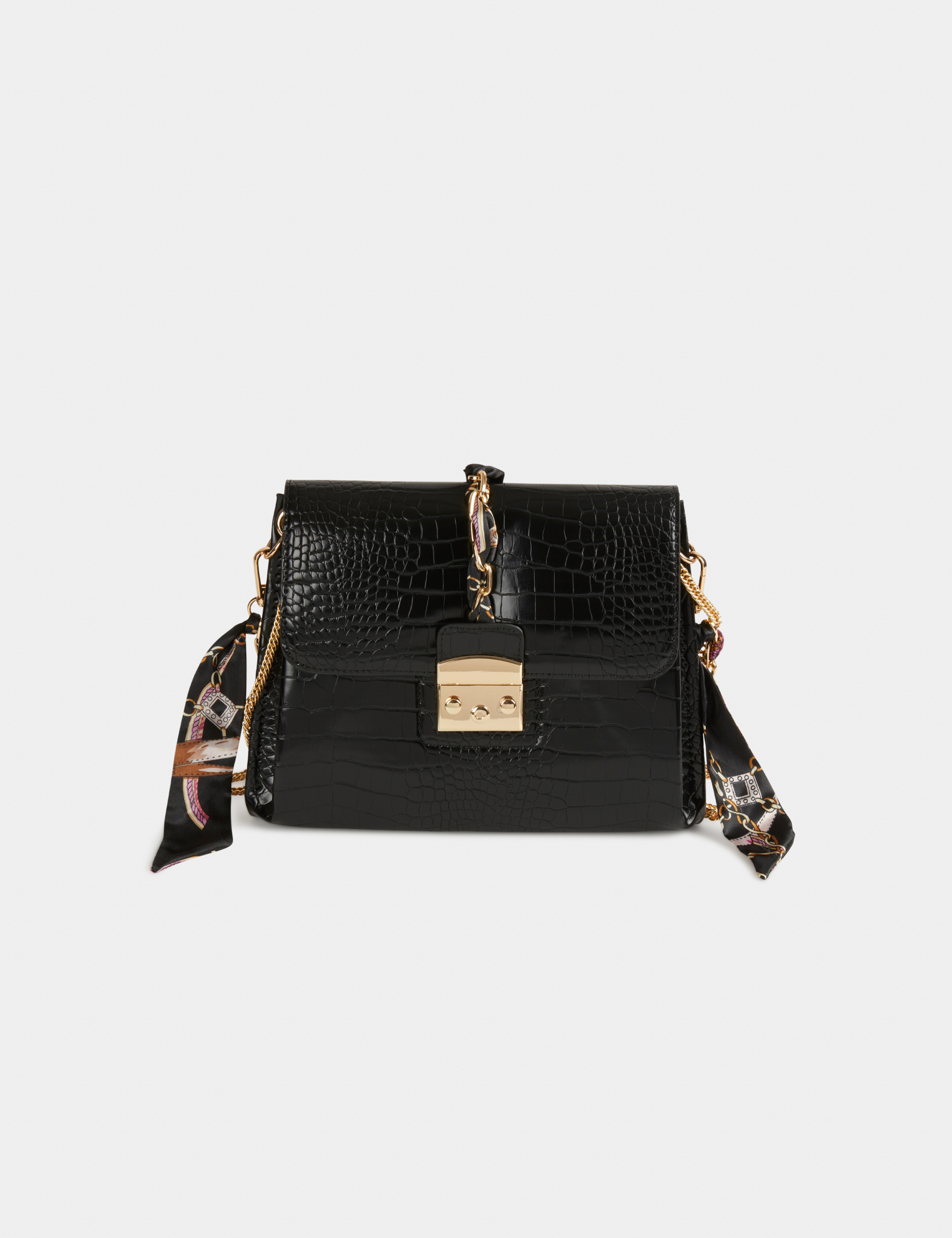 Sac pochette aspect croco avec foulard noir femme