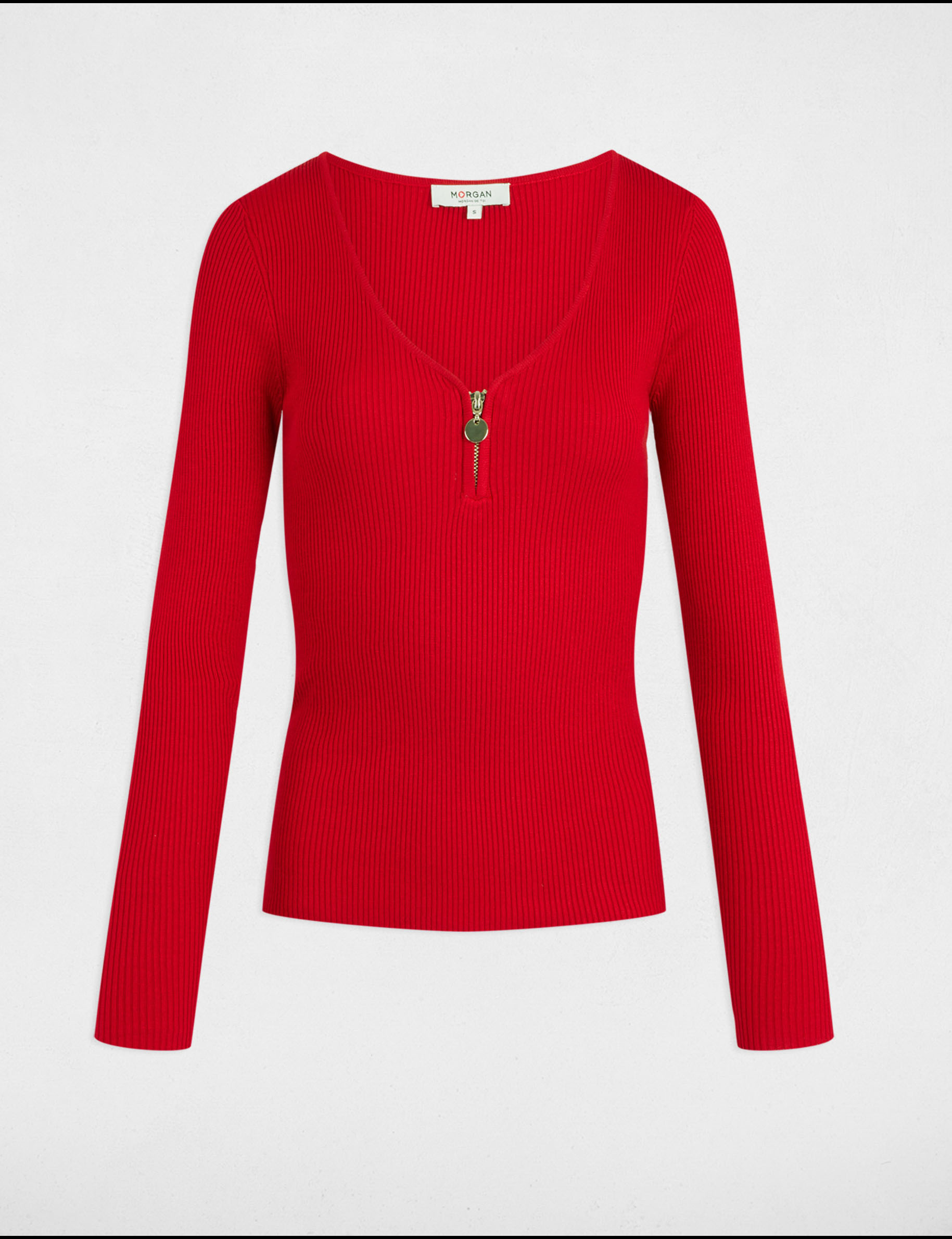 pull manches longues cotele detail zippe rouge femme Pull manches longues côtelé détail zippé rouge femme