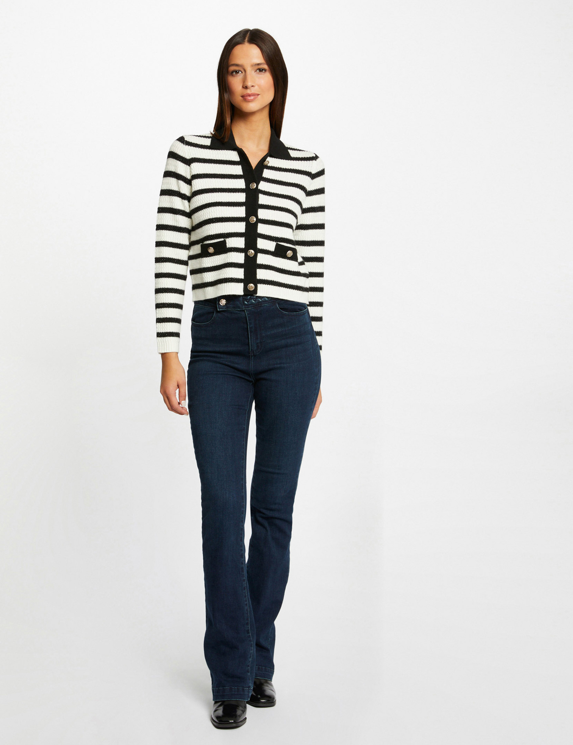 gilet droit boutonne a rayures ecru femme Gilet droit boutonné à rayures ecru femme