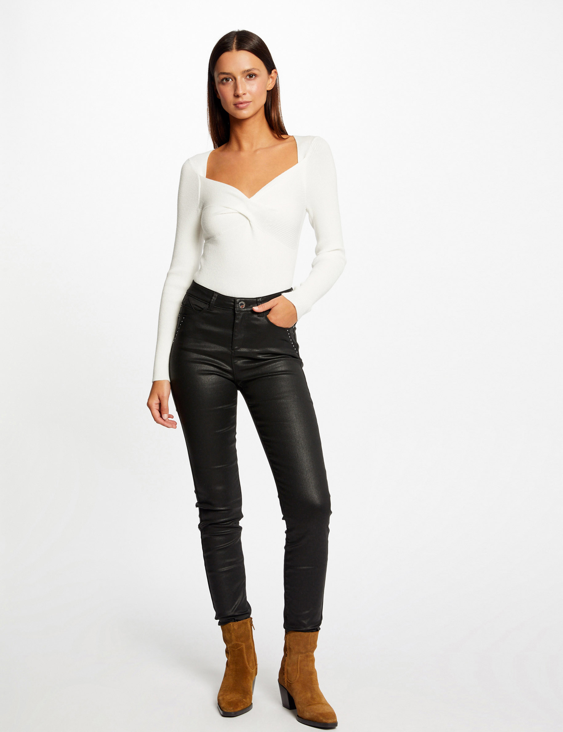 pull manches longues col effet torsade ecru femme Pull manches longues col effet torsadé ecru femme