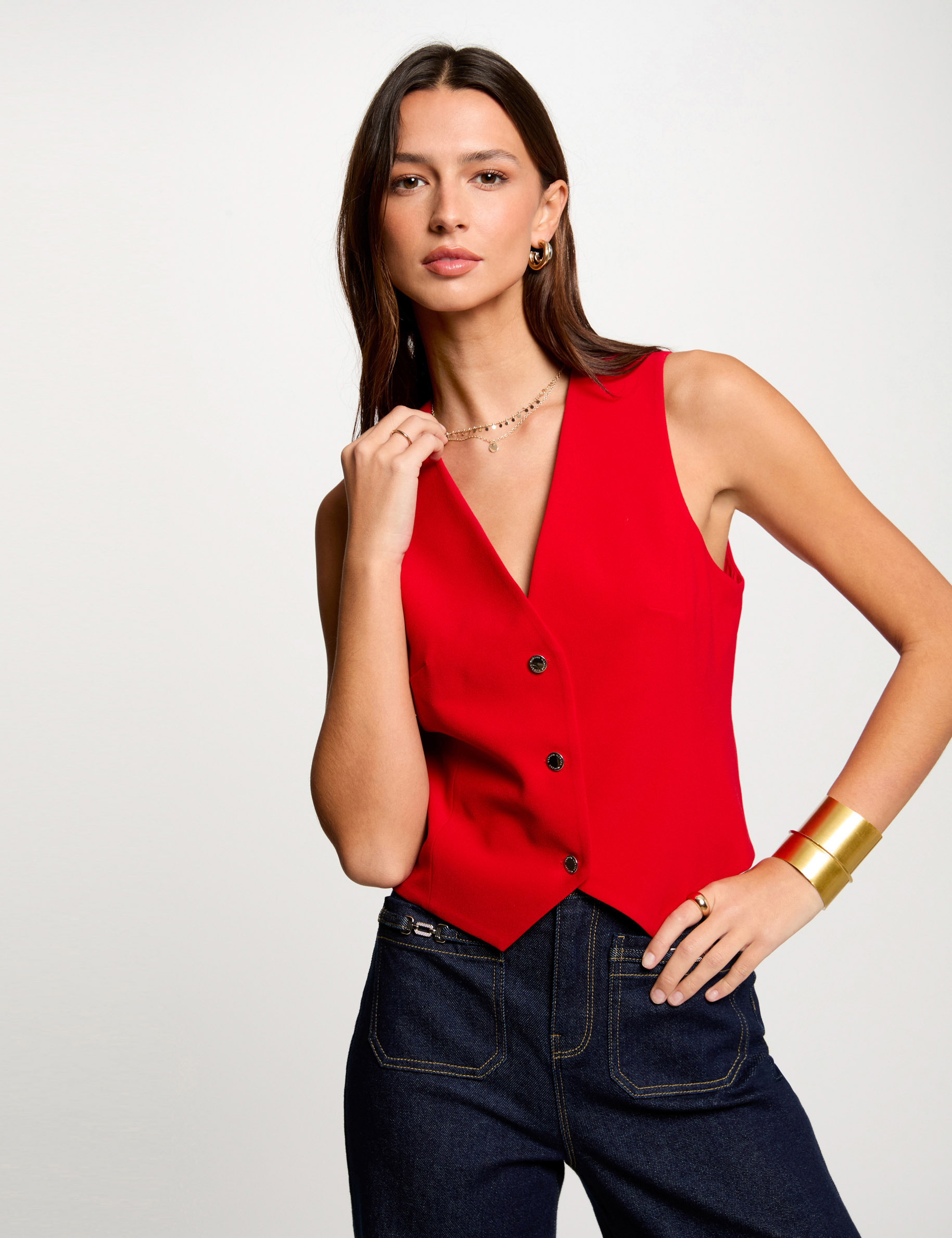 gilet sans manches col en v rouge femme Gilet sans manches col en V rouge femme