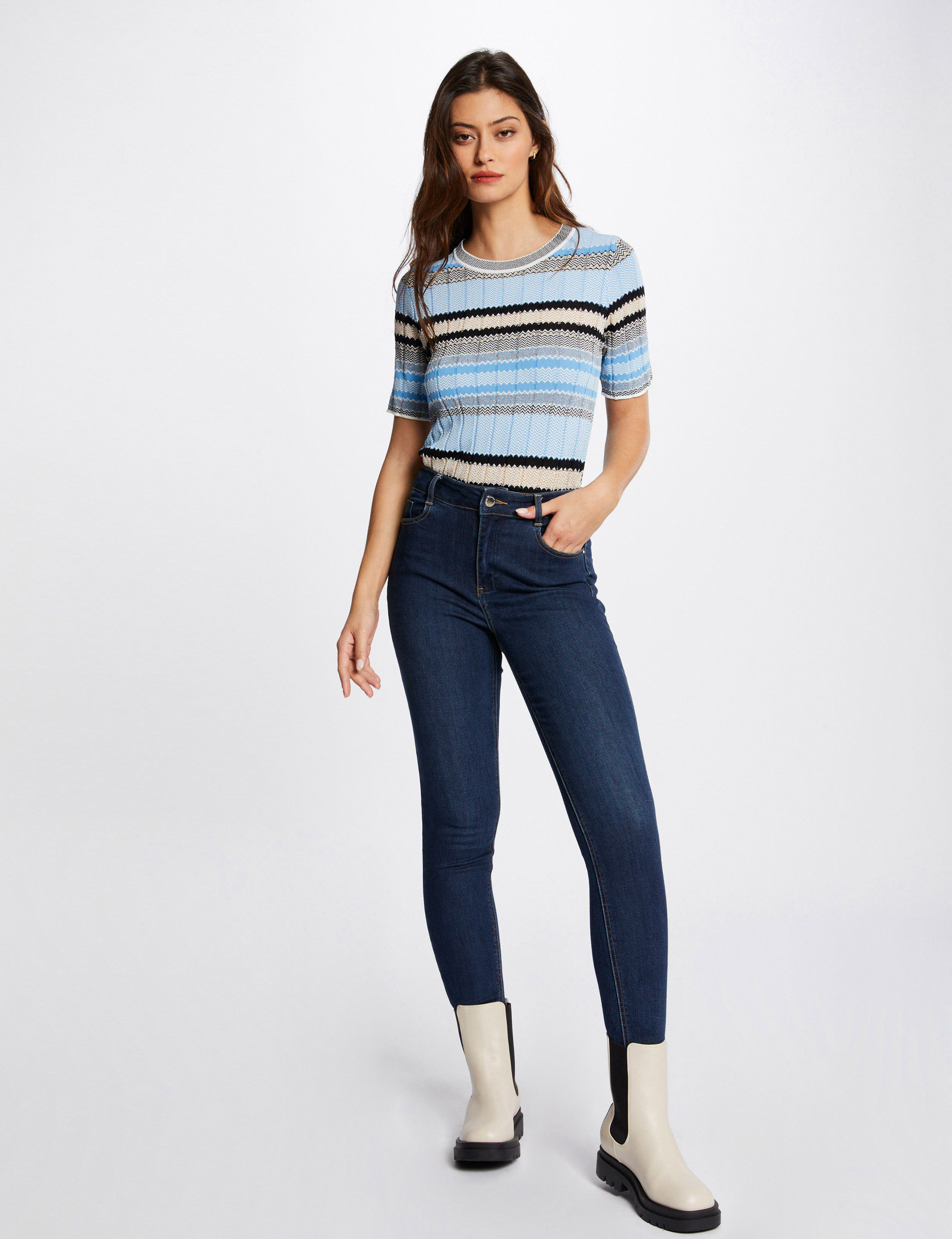 Pull manches courtes à rayures ciel femme