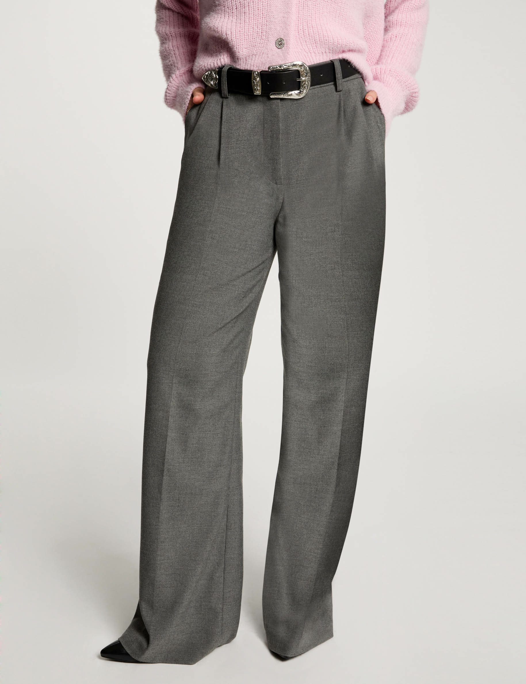 Pantalon large &agrave; pinces gris clair femme