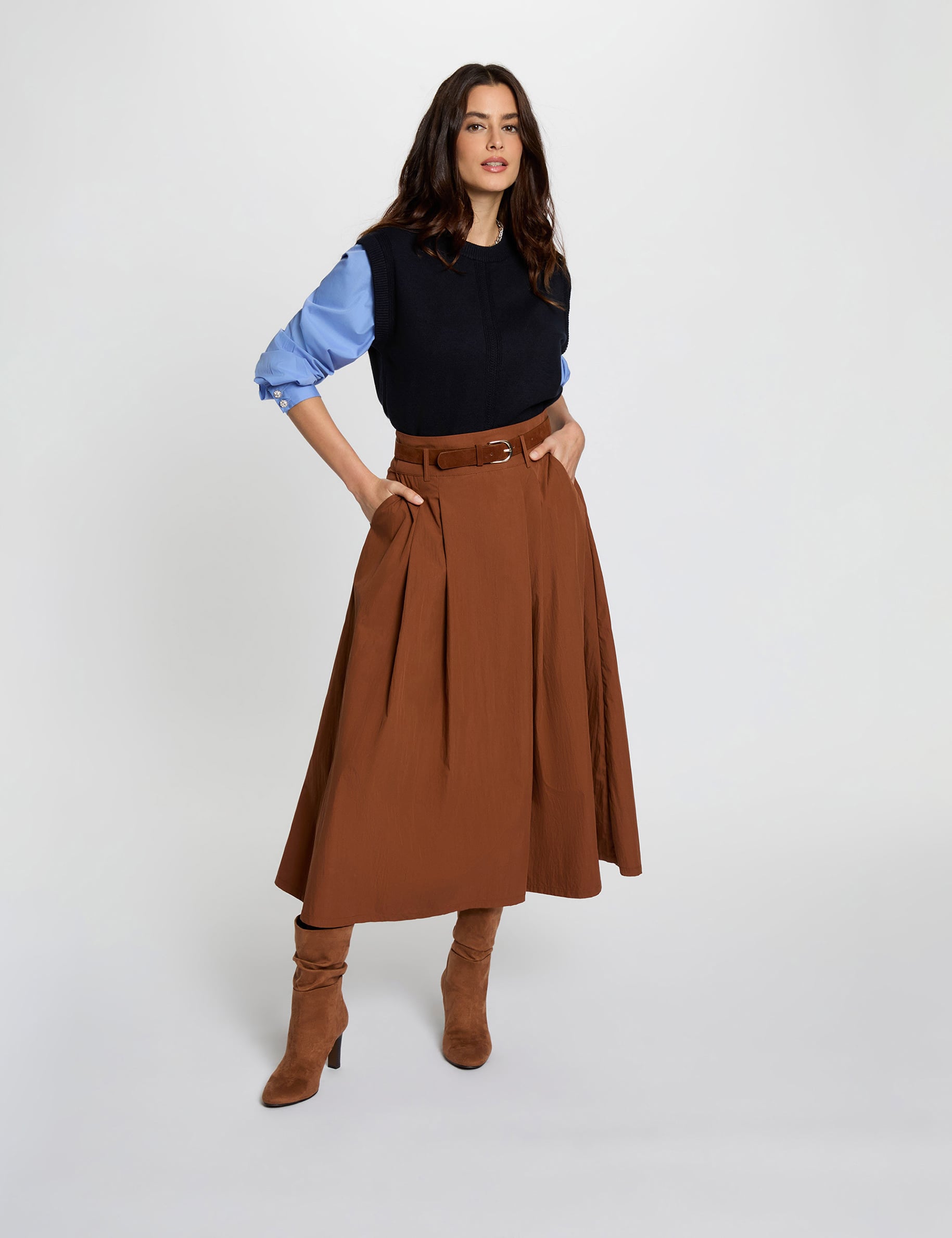 Jupe longue pliss&eacute;e marron cognac femme