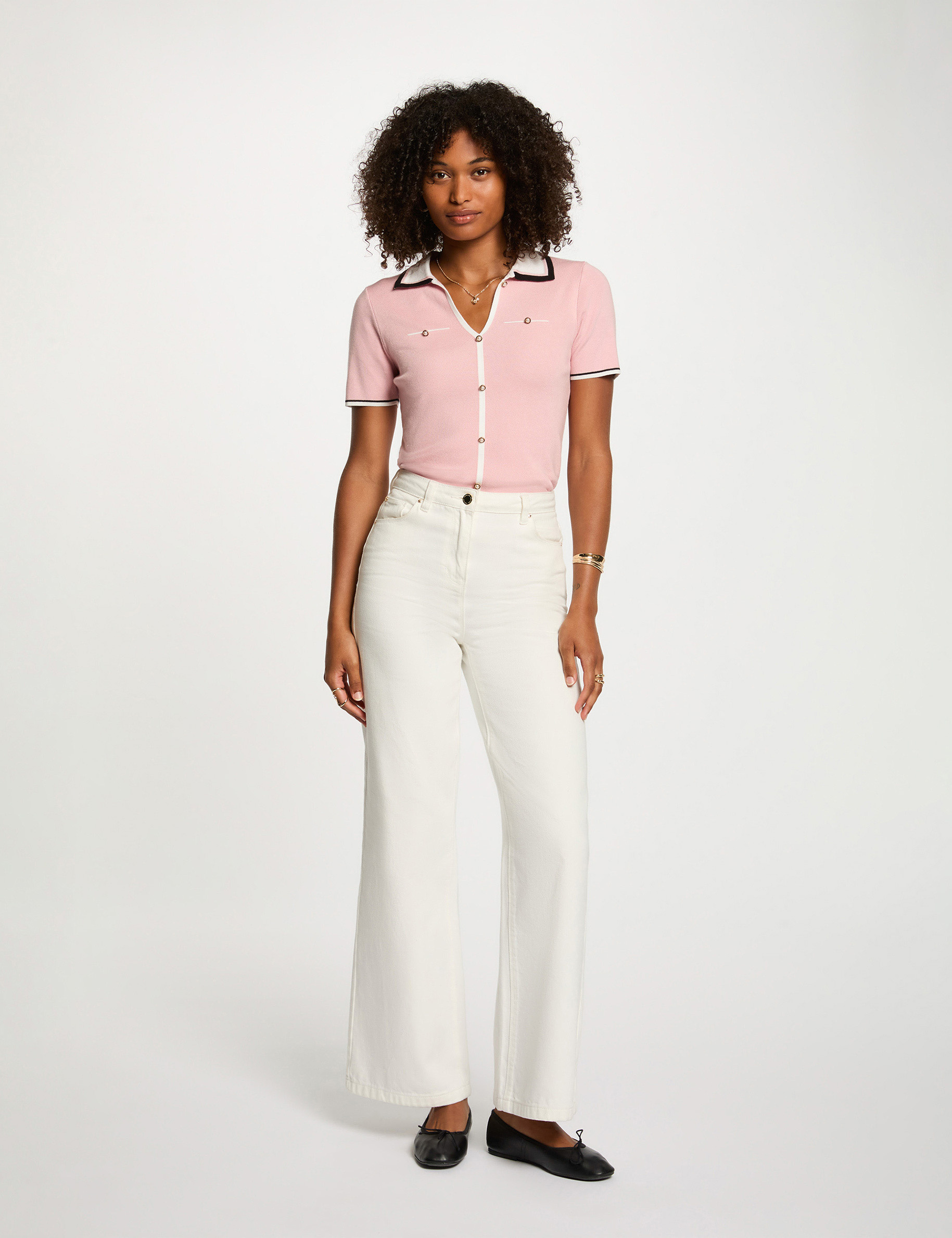 Pull col polo manches courtes rose poudrée femme
