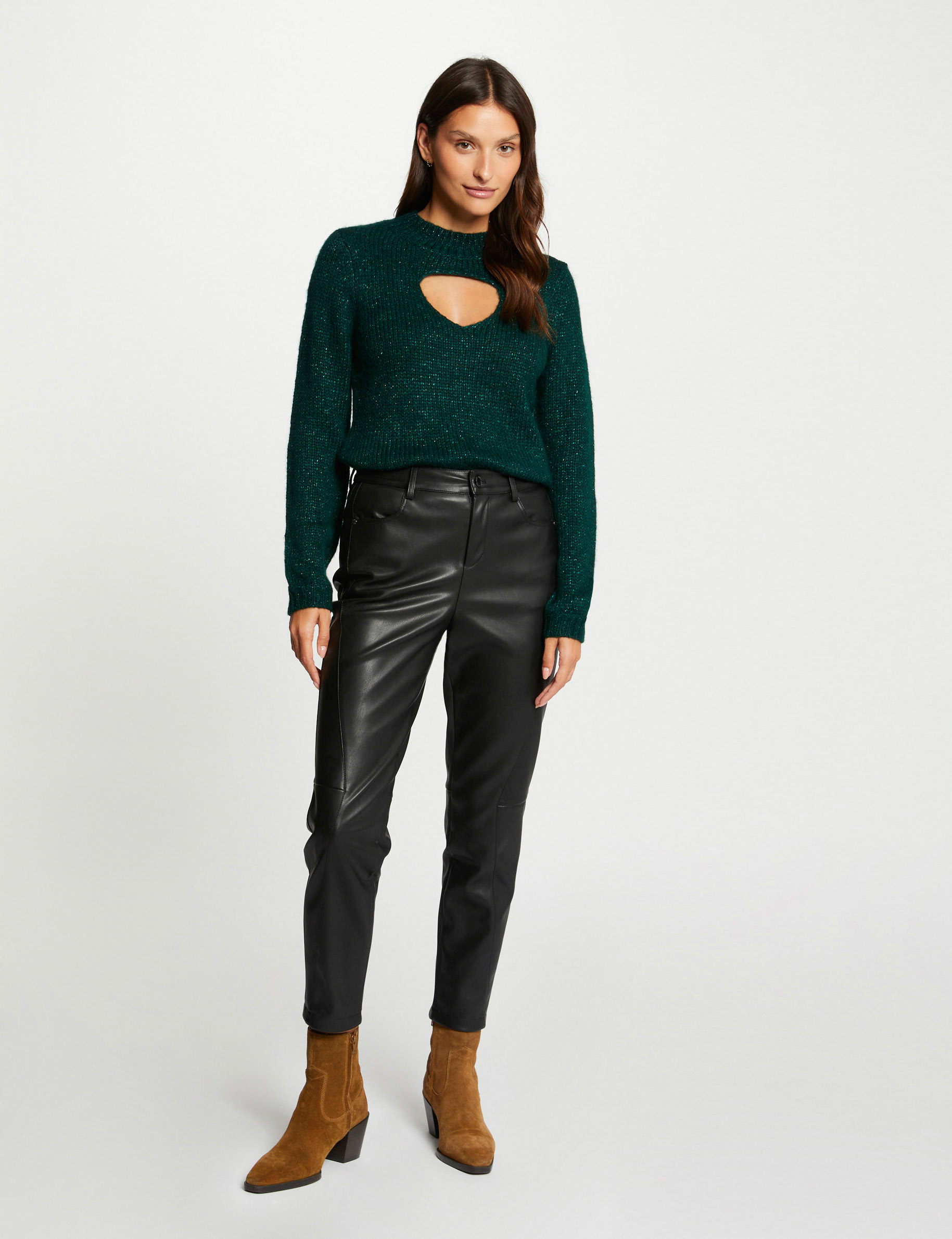 Pull manches longues avec ouverture vert fonce femme