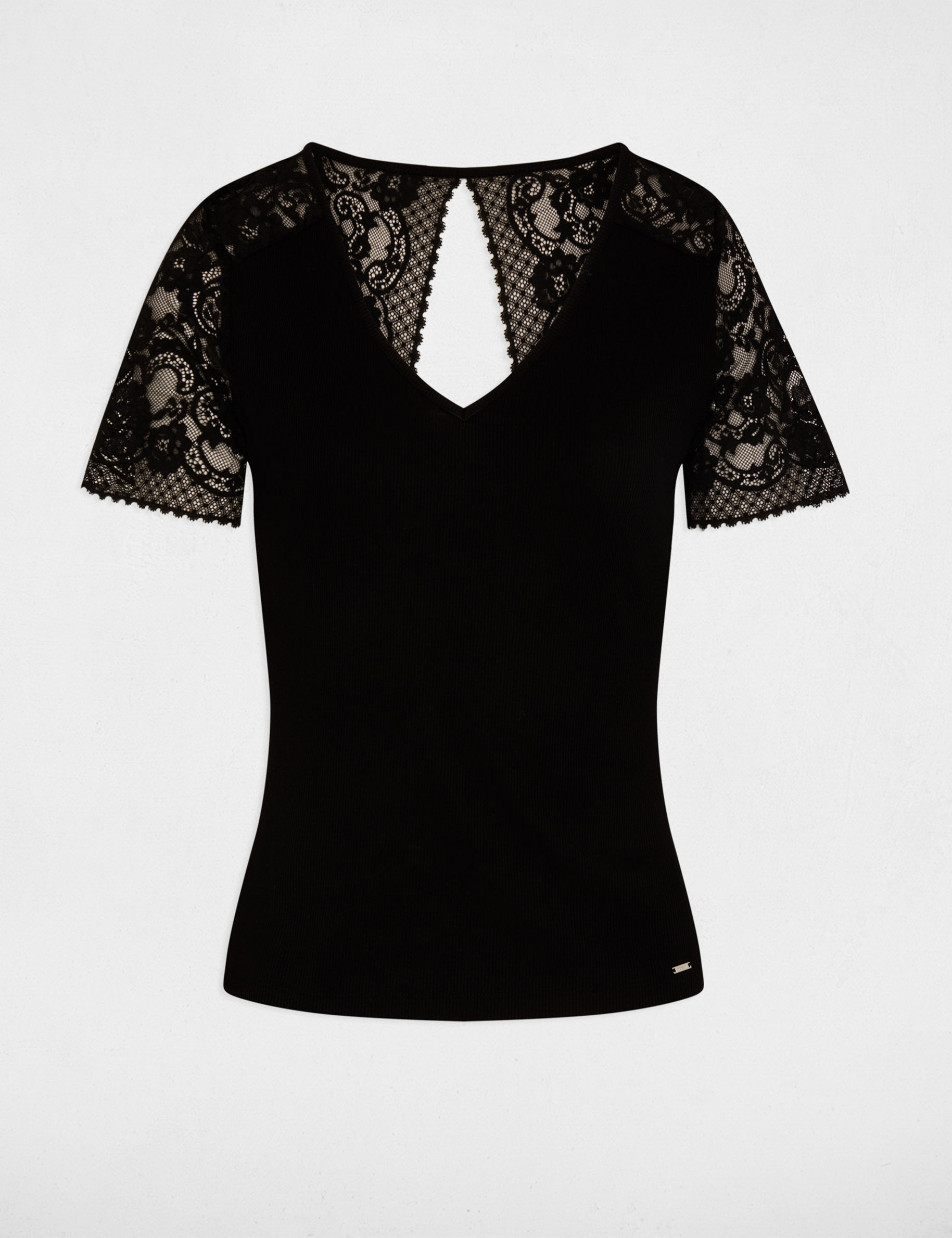 T-shirt dentelle col v noir femme