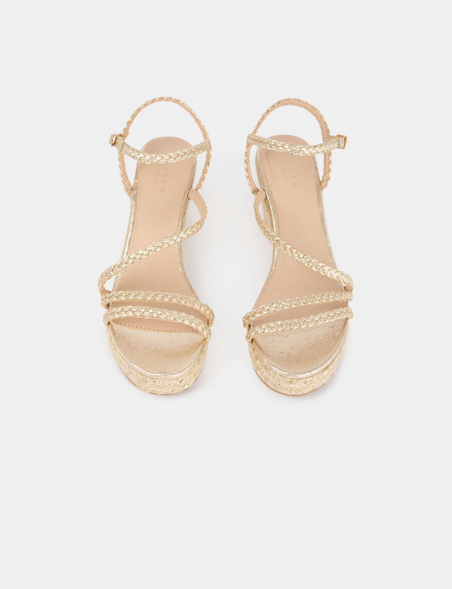 Sandale compens&eacute;e tress&eacute;e jaune or femme