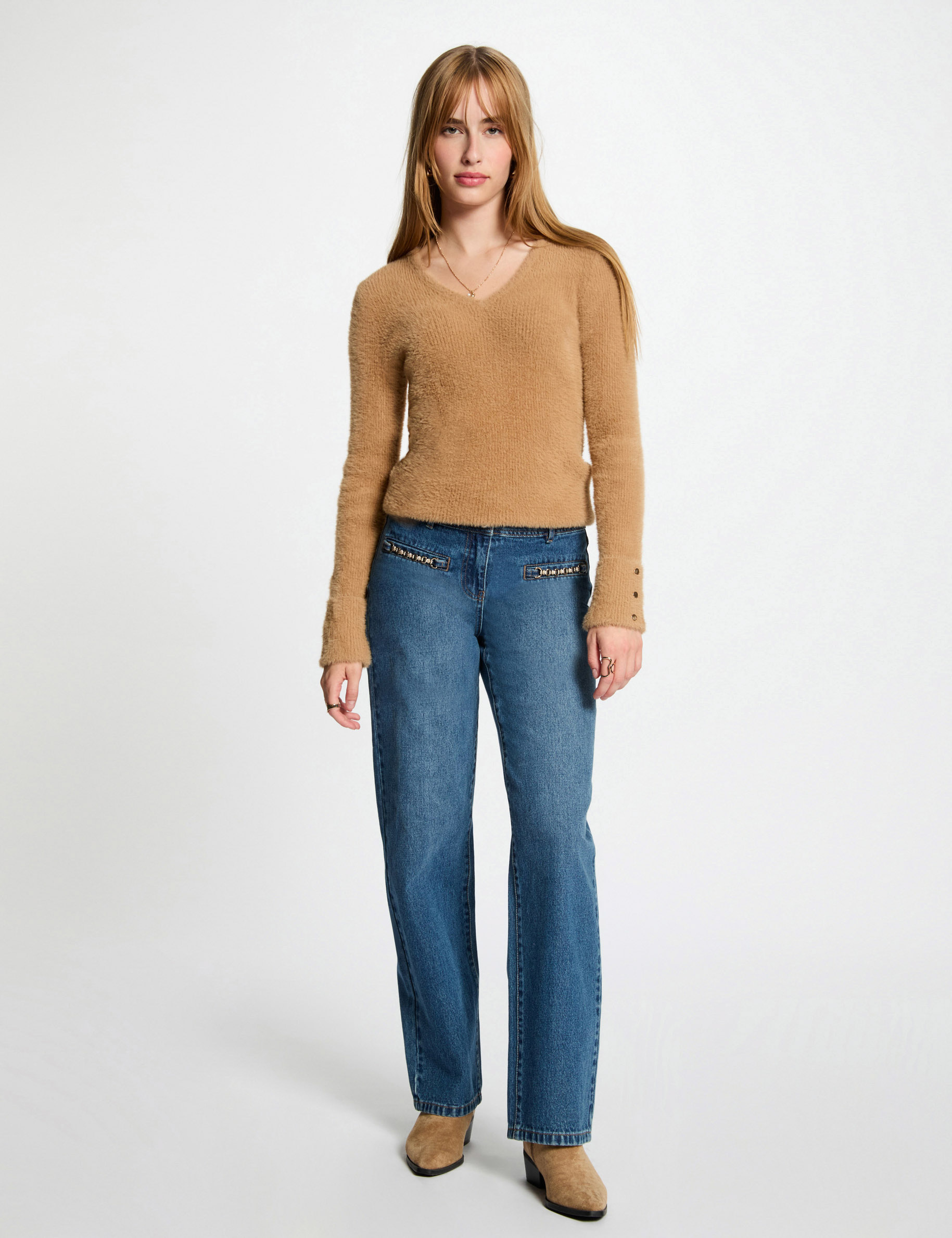 Pull manches longues maille duveteuse camel femme