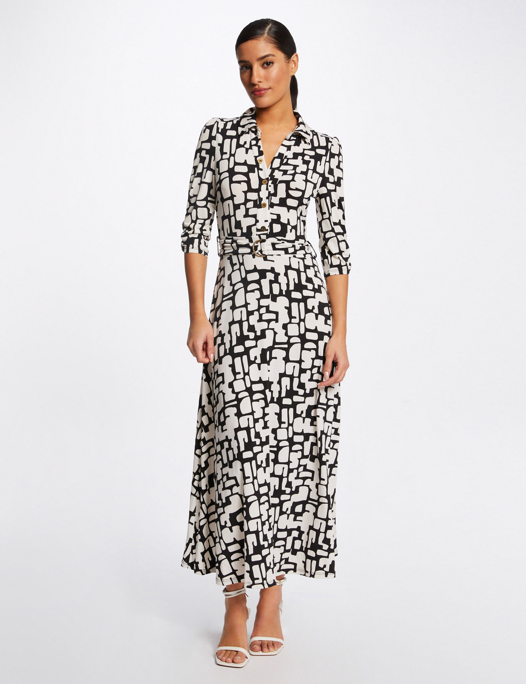 Robe longue évasée imprimé abstrait ecru femme Robe longue évasée imprimé abstrait ecru femme