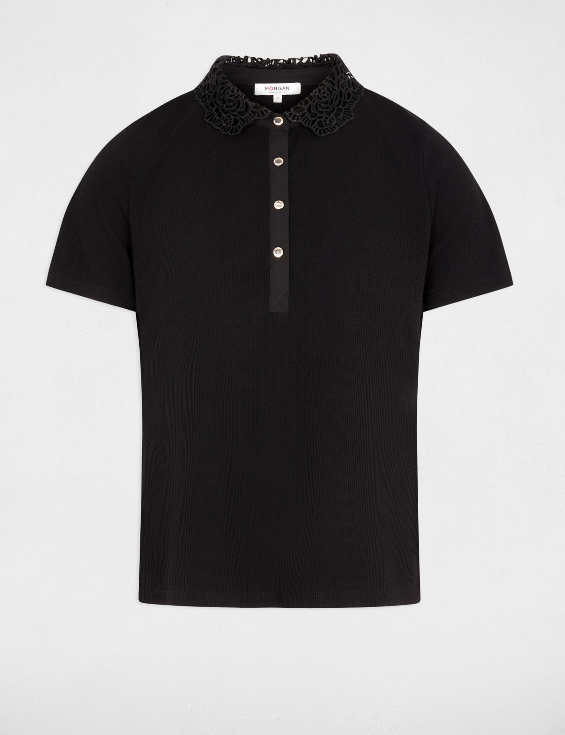 Maille l&eacute;g&egrave;re col dentelle noir femme