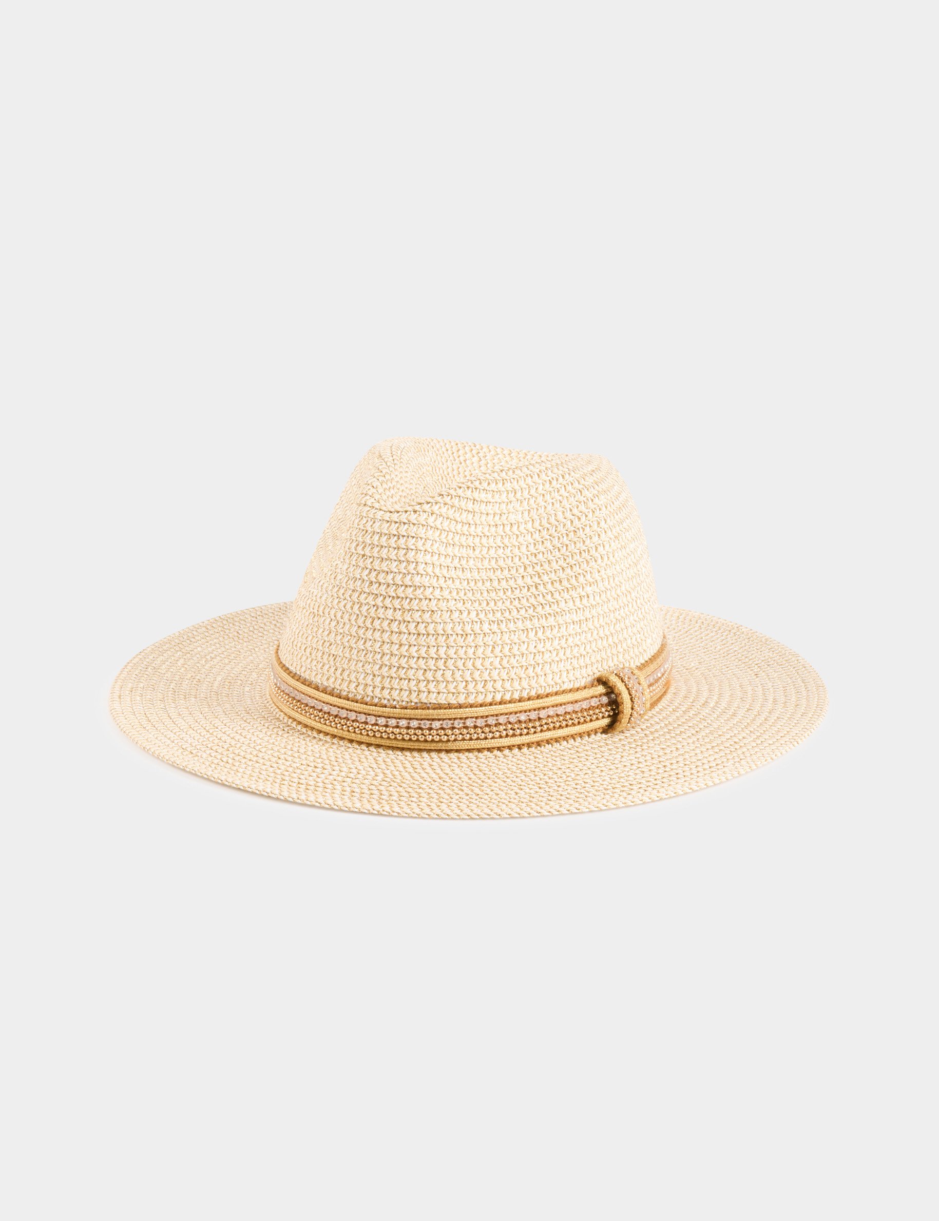 chapeau tresse details bijoux beige femme Chapeau tressé détails bijoux beige femme