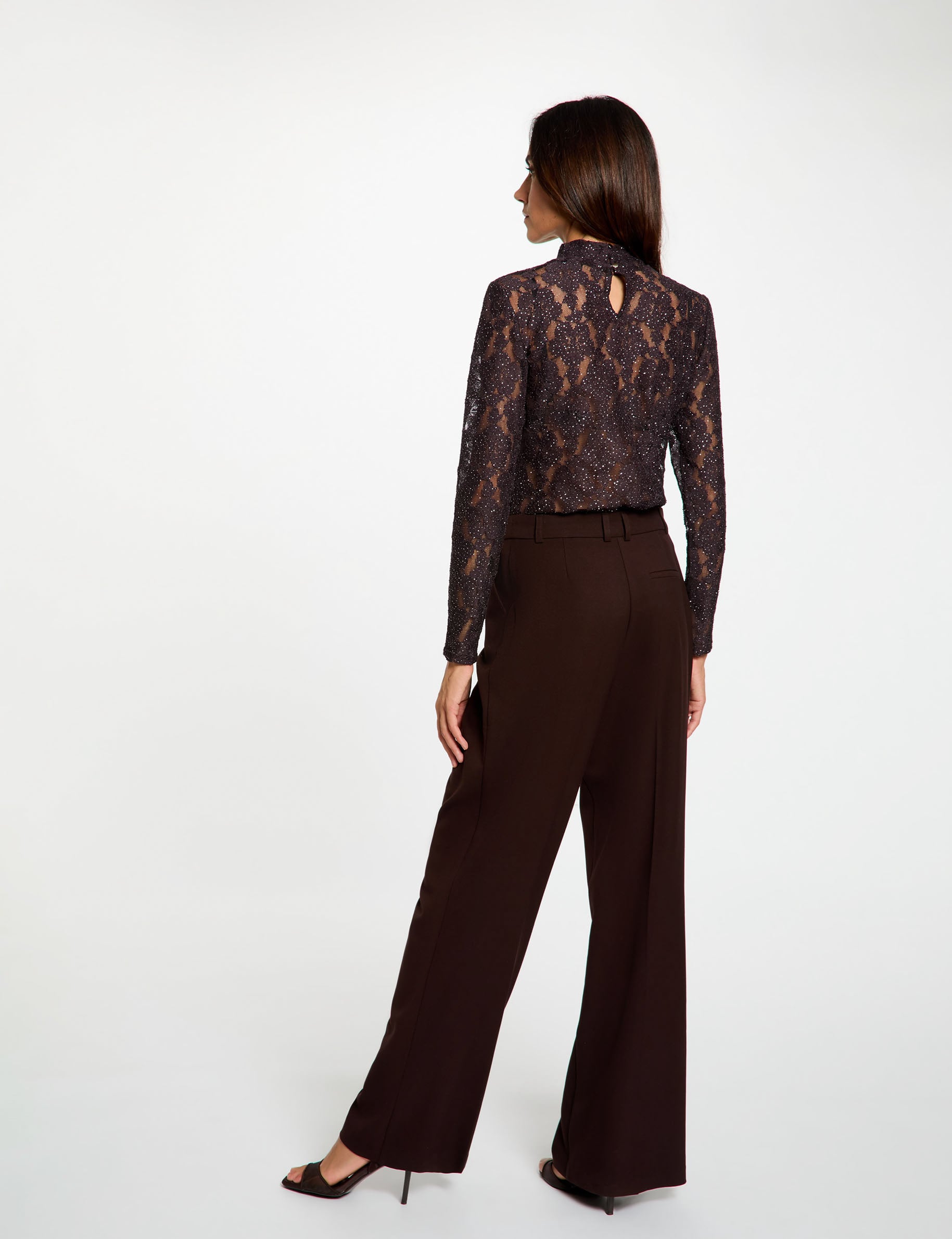 Pantalon large taille haute marron fonc&eacute; femme