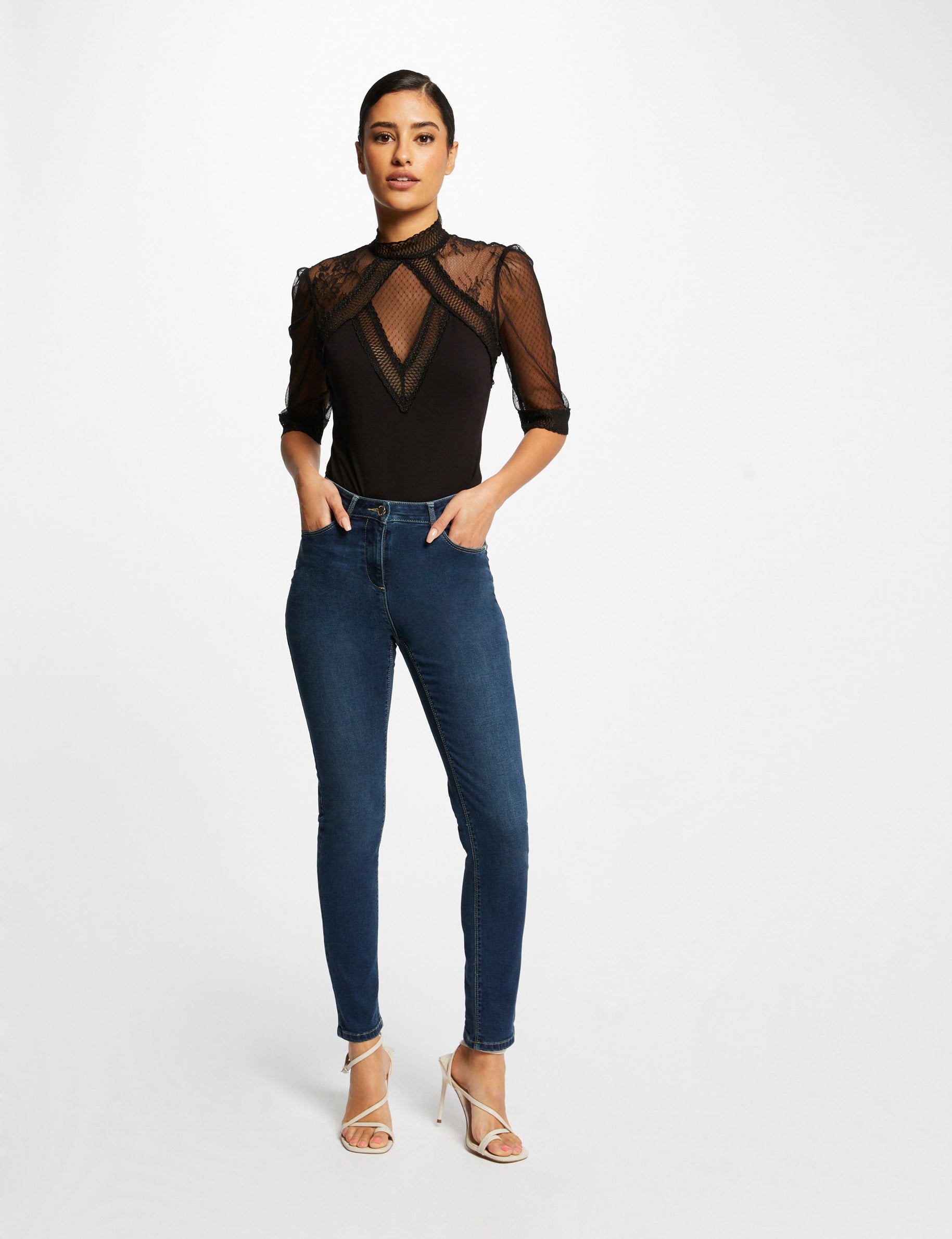 Body manches 3/4 &agrave; dentelle noir femme