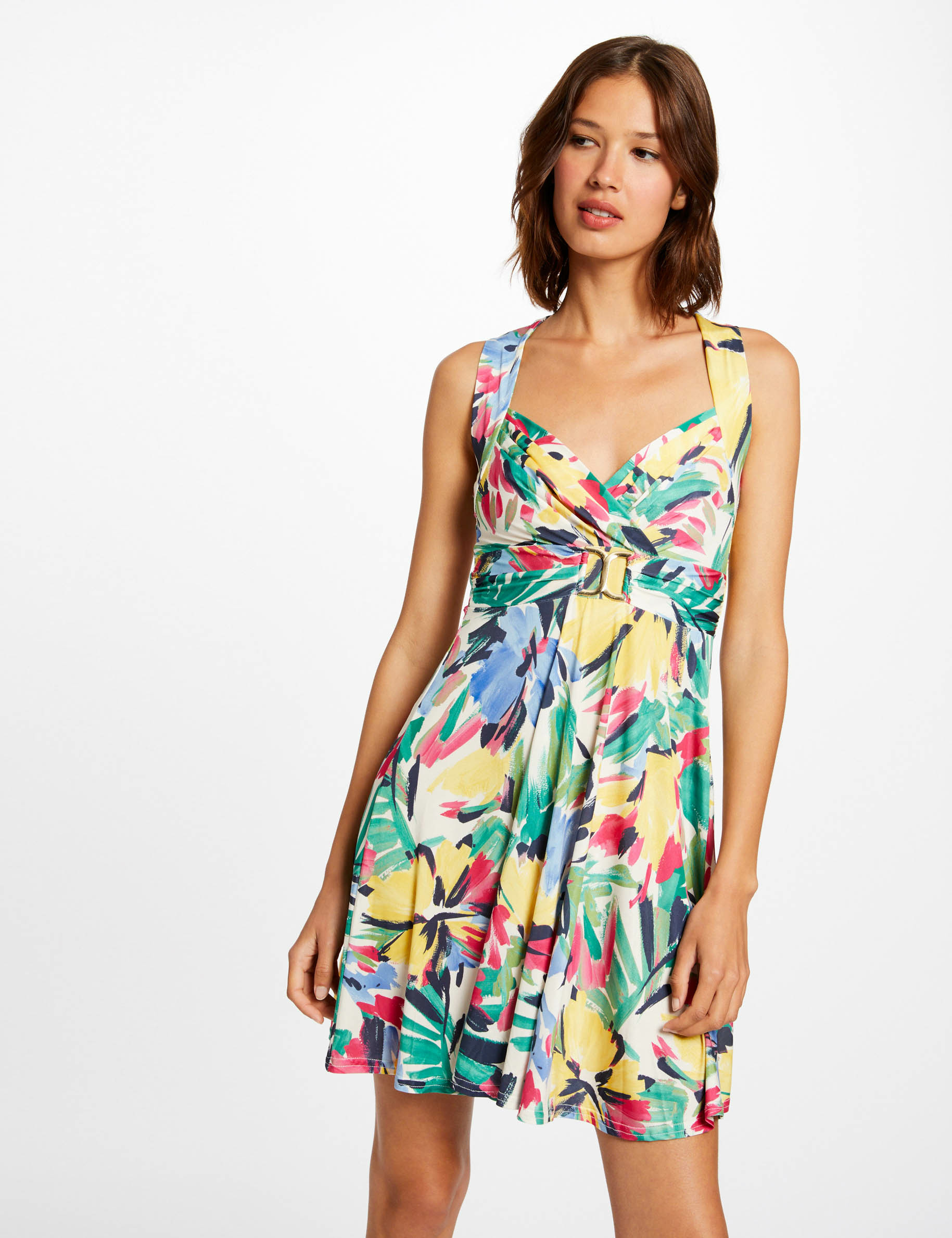 Robe évasée imprimé végétal ecru femme Robe évasée imprimé végétal ecru femme